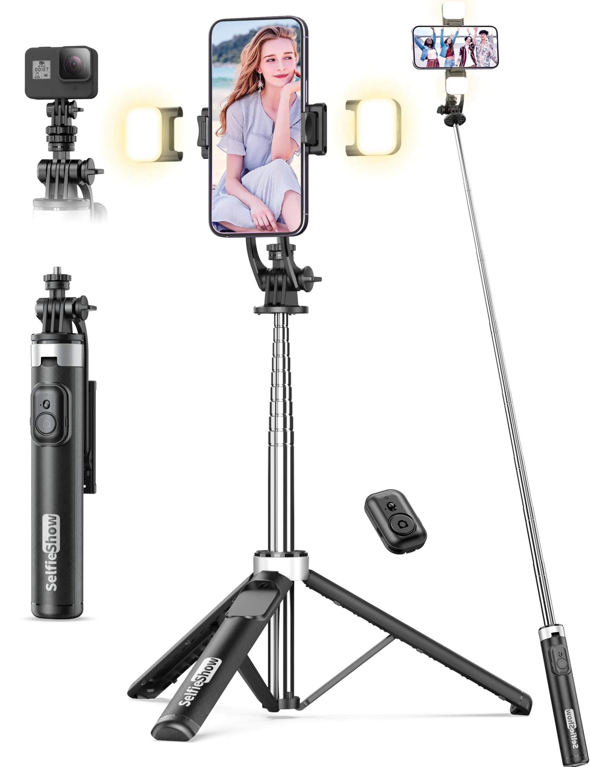 Selfie Stick 135CM z Lampkami Wypełniającymi, Uniwersalny Statyw do Telefonu z Pilotem