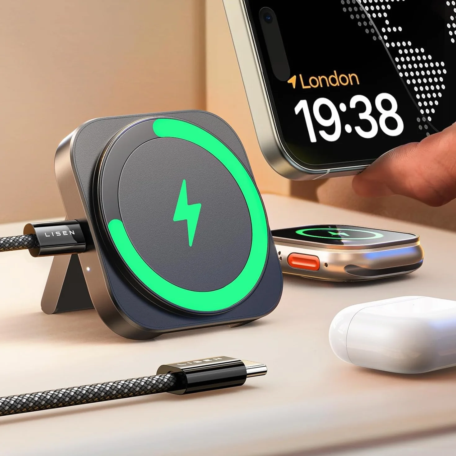 LISEN Stacja ładująca do Apple Watch i iPhone [Super Przenośna] MagSafe Stacja Ładowania, 2026 Podróżna Bezprzewodowa Ładowarka do iPhone 17 16 15 14 13 12 Pro Max