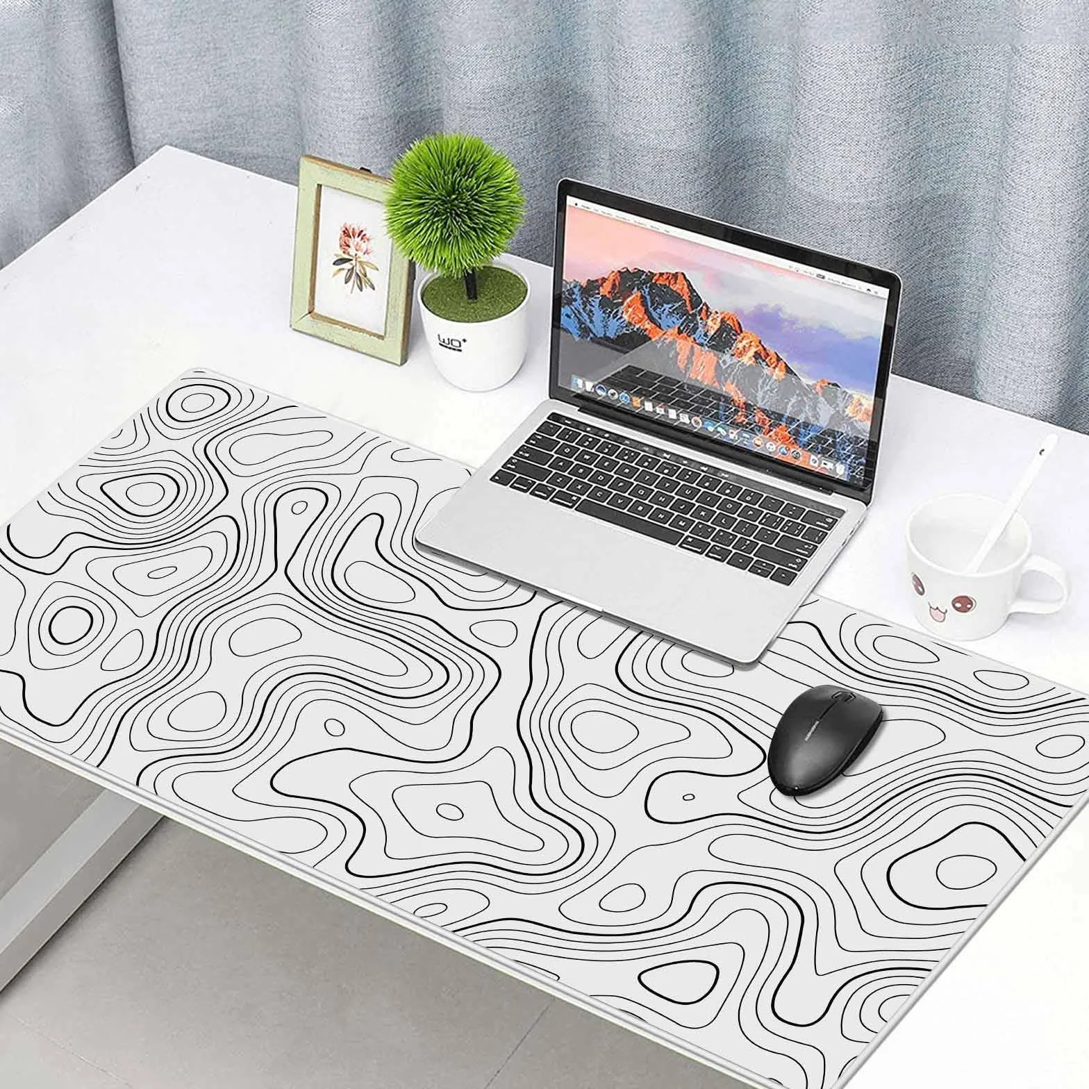Podkładka pod mysz do gier XXL duża podkładka pod mysz z wodoodporną i antypoślizgową gumą do komputera, MacBooka, gabinetu, laptopa, komputera do gier, domu, biała, topograficzna, 900 x 400