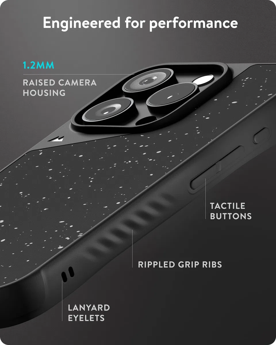 Mous Etui do iPhone'a 16 Pro MagSafe kompatybilne z przyciskiem sterowania kamerą - Limitless 6.0 - nakrapiana czarna tkanina - ochronne, odporne na wstrząsy etui na telefon