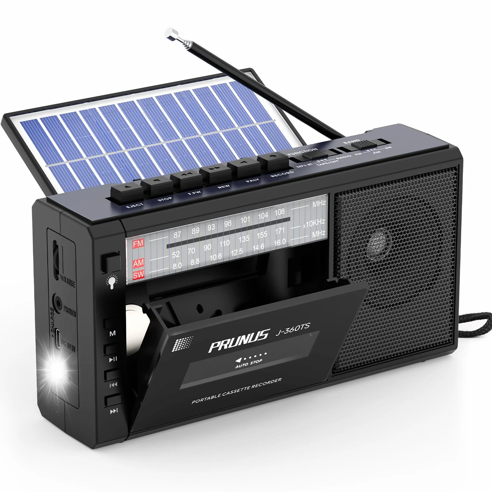 PRUNUS J-360 kasetowy odtwarzacz Bluetooth AM/FM Radio słoneczne ładowalne z gniazdem słuchawkowym TF USB