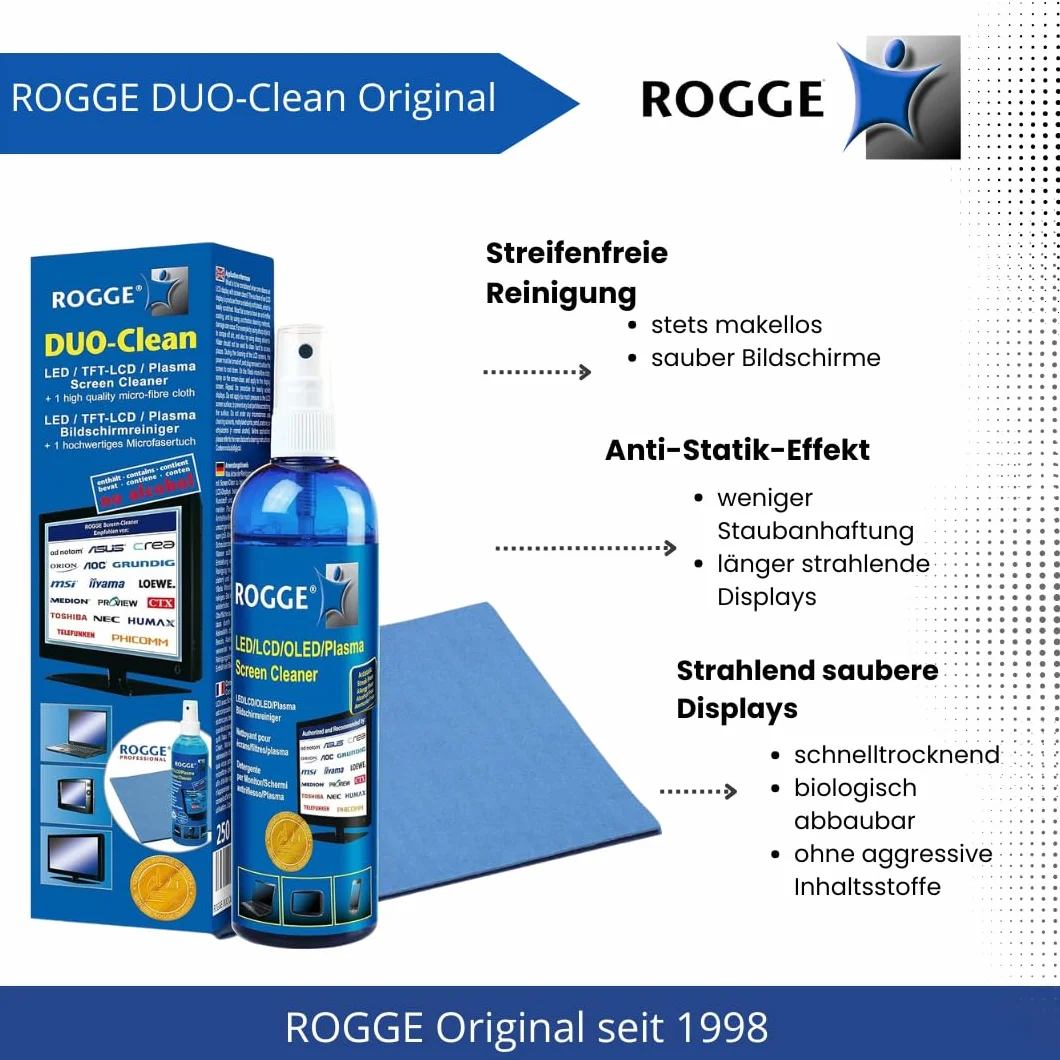 ROGGE DUO CLean Original, 250 ml LCD/TFT + środek do czyszczenia plazmy + 1 profesjonalna ściereczka z mikrofibry