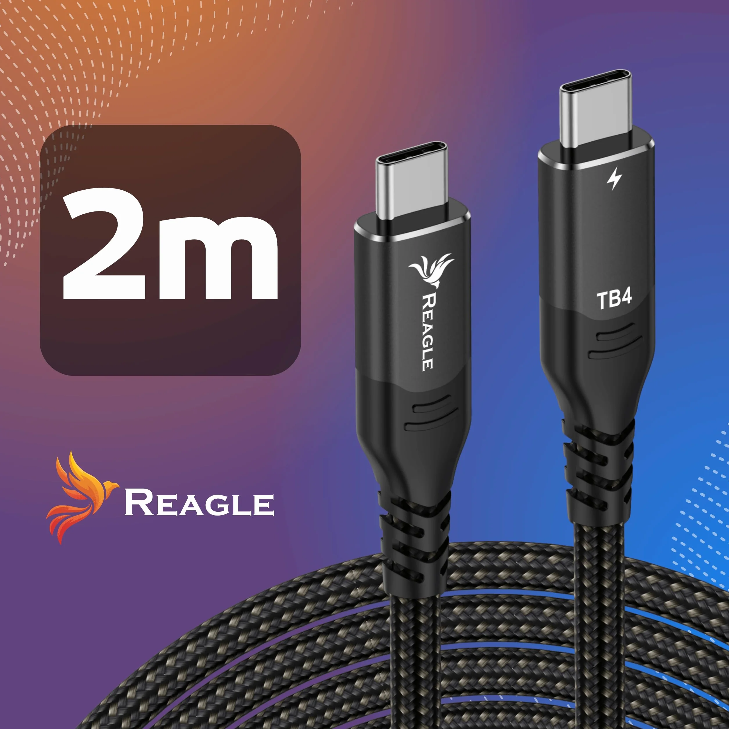 Reagle Kabel Thunderbolt 4 USB-C Do USB-C 2M, 40 Gbit/s, Power Delivery 100 W, 8K 60 Hz, 4K 120 Hz, Kompatybilny Z MacBook Pro/Air, iPhone 17/16, iMac, USB4, Thunderbolt 3, Monitor, Dock, SSD
