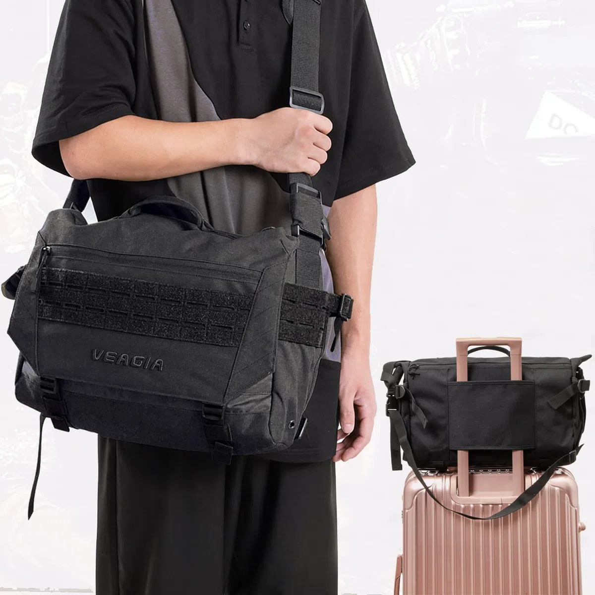 VEAGIA Torby kurierskie Torba na laptopa Teczka system Molle Styl taktyczny Odpinany pasek na ramię Torby na ramię (43x30x13cm), Czarny, 16.5x11x4.5in