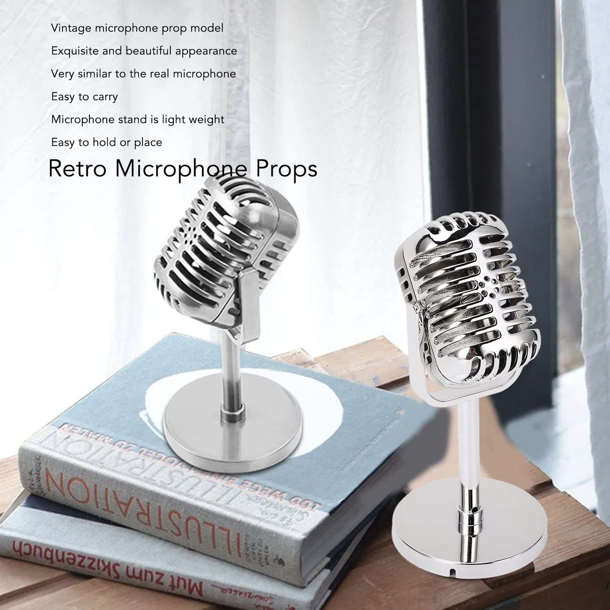 Klasyczny rekwizyt do mikrofonu retro, 165 mm Vintage fałszywy wystrój mikrofonu ze stojakiem na imprezę barową, srebrny antyczny mikrofon na imprezę muzyczną Rock and Roll Hip Hop