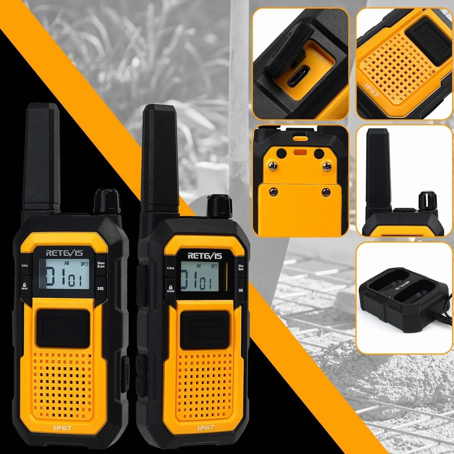 Retevis RB648 Krótkofalówka IP67, Walkie Talkie, Radio Dwukierunkowe MIL-STD-810H, Akumulator 2000 mAh, USB-C, Alarm Awaryjny, Odporne na Upadki i Wstrząsy (6 Szt.)