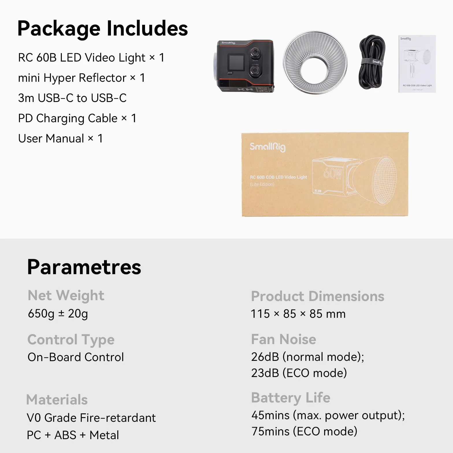 SMALLRIG RC 60B COB Video Light z wbudowan? bateri? 3400mAh i szybkim ?adowaniem typu C PD, przeno?ne dwukolorowe ?wiat?o wideo COB, ?wiat?o ci?g?e wyj?cie RC 60B Lite Edition - 4518