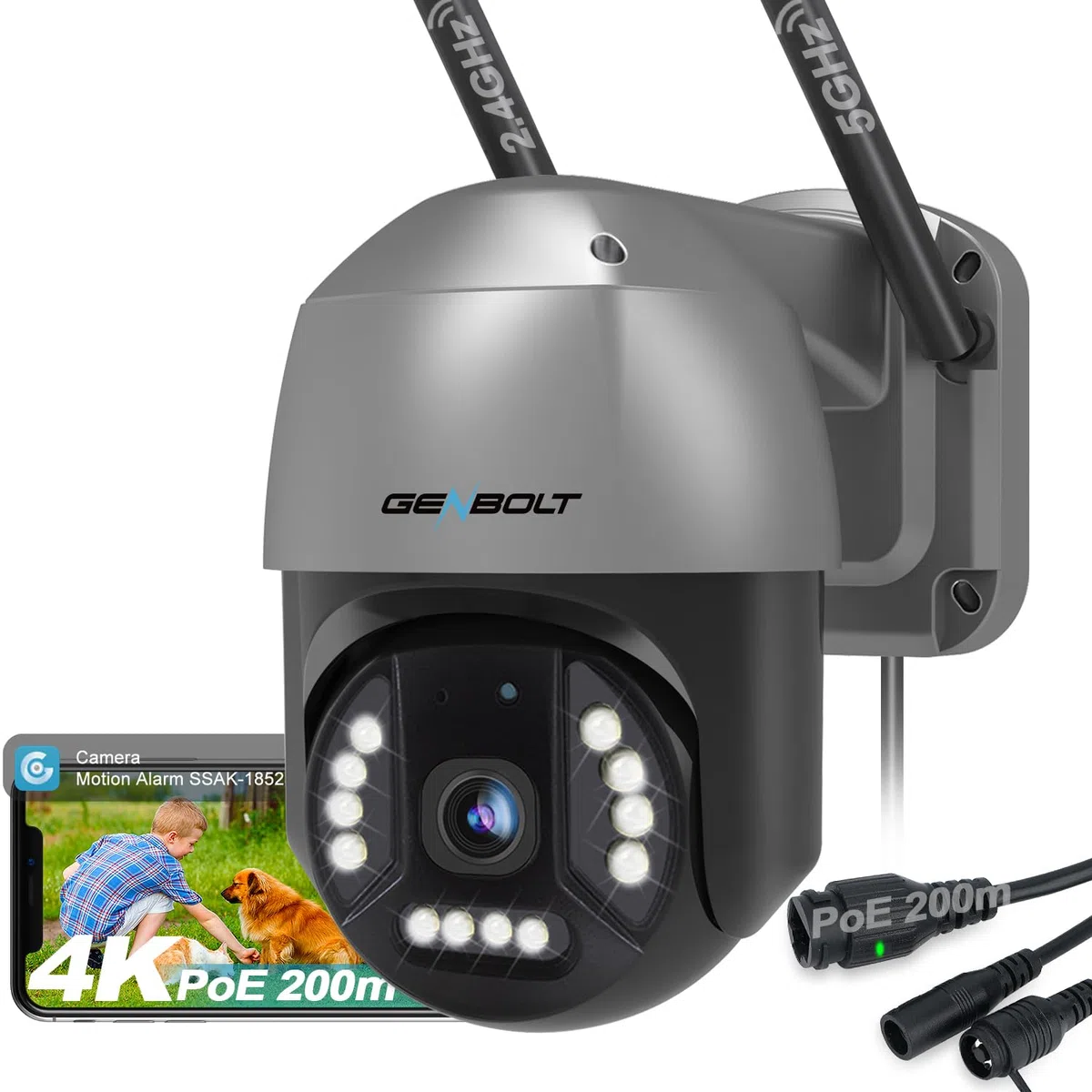 GENBOLT 4K PoE Kamera WIFI,8MP 2.4&5GHz Zewnętrzna CCTV | Wykrywanie Osób/Pojazdów, Nagrywanie 24/7, Auto Śledzenie, Noktowizja Kolorowa