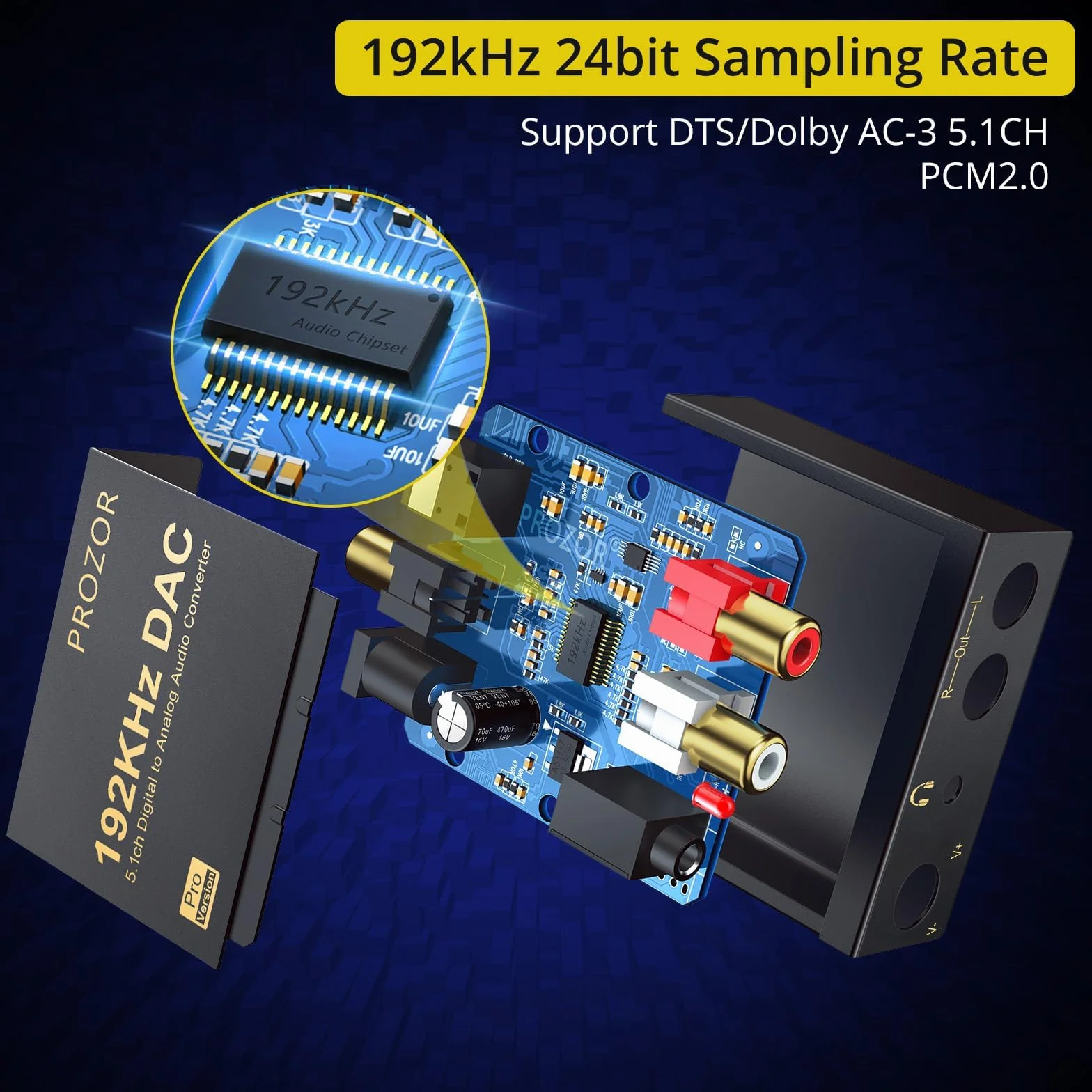 PROZOR Cyfrowy na analogowy konwerter audio 192 kHz obsługuje Dolby AC-3 DTS 5.1CH z regulacją głośności, dekoder optyczny na RCA DAC, cyfrowy konwerter DAC SPDIF TOSLINK na stereo L/R i gniazdo 3,5