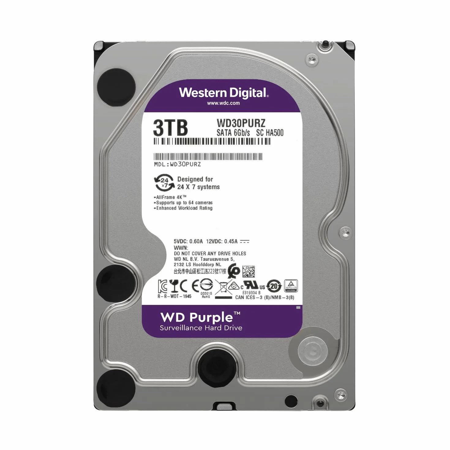 WD Purple wewnętrzny dysk twardy 3 TB (3,5 cala, dysk twardy do kamery monitorującej, 5400 obr./min, obciążenie 360 TB/rok, SATA 6 Gb/s, do pracy ciągłej), fioletowy
