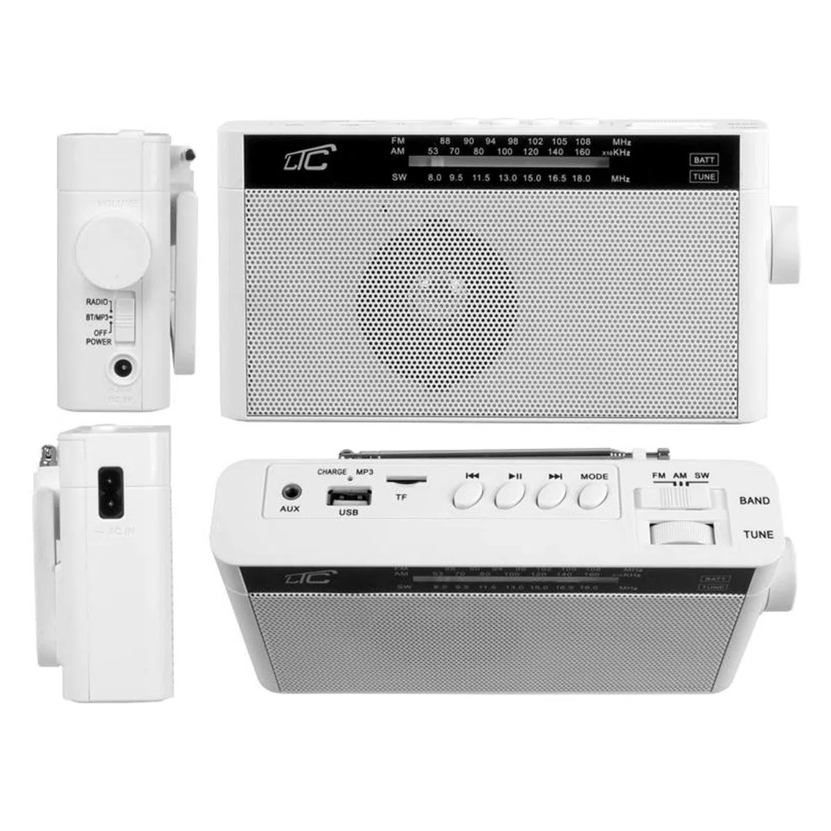 LTC SONA Przenośne Radio z Bluetooth, USB i Czytnikiem Kart microSD - z Uchwytem - Zasilanie Sieciowe lub Akumulatorowe - AM FM SW - do Domu, na Plac Budowy - Kompatybilne ze Smartfonem - Białe