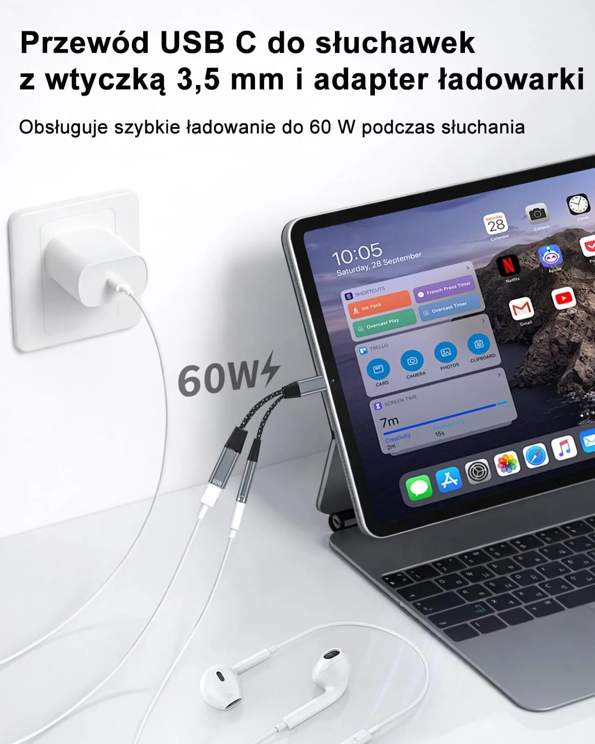 Adapter 2 w 1 USB C na gniazdo 3,5 mm, adapter typu C na gniazdo 3,5 mm i rozdzielacz szybkiego ładowania 60 W, złącze Aux USB C to 3.5 dla iPhone 17 16 15 Pro, Sumsung S24/S23/S22/S21, Pixel 9 8 7