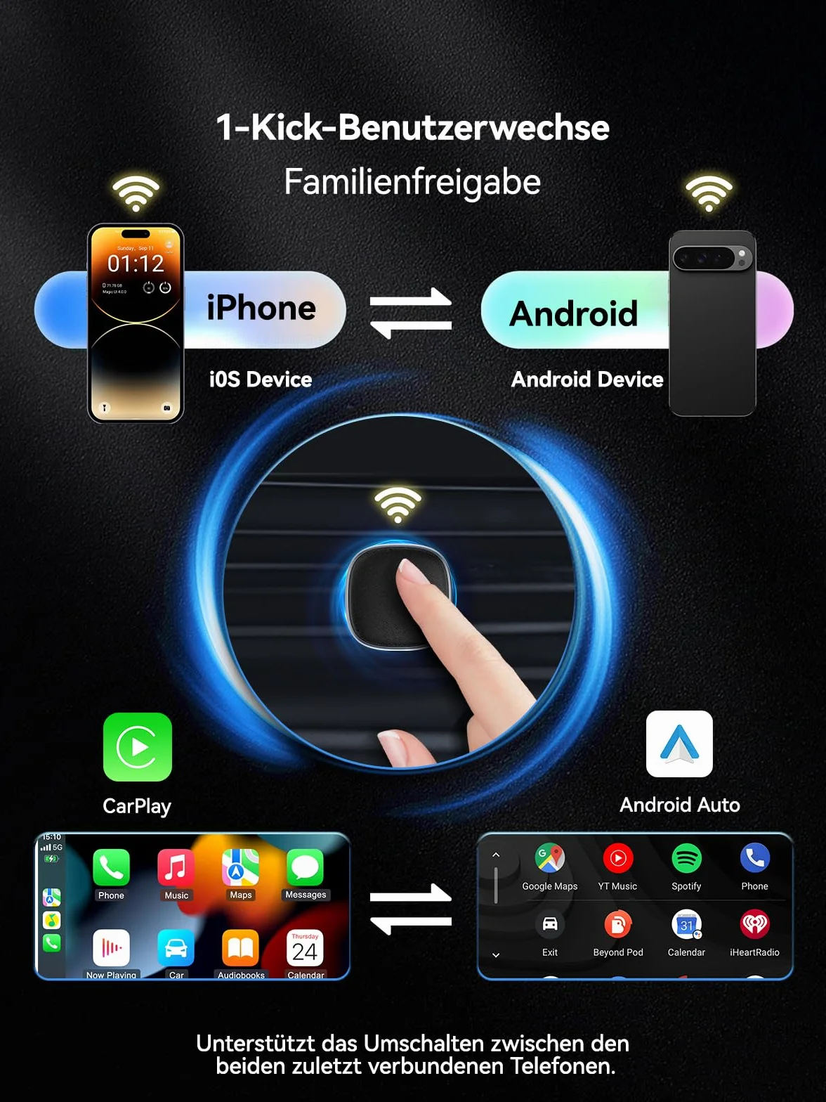Bezprzewodowy adapter CarPlay i Android na 2 telefonach komórkowych – przełączanie między dwoma telefonami komórkowymi (iPhone i Android) – Ultra Mini – nie przegrzewa się – od iOS 10/Android 10