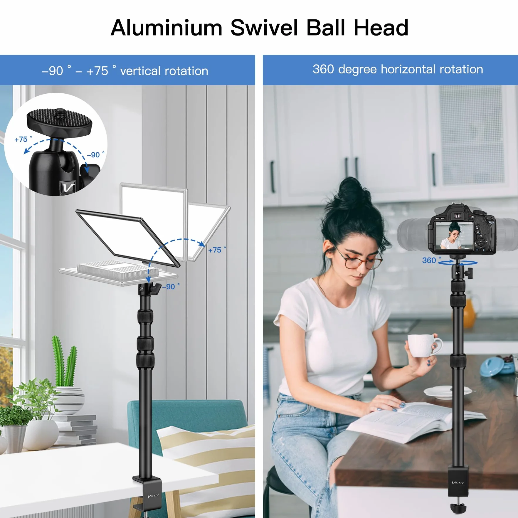 Victiv Uchwyt na biurko do aparatu, regulowany aluminiowy stojak stołowy 36.8–104.9 cm, stojak stołowy C z głowicami kulowymi 1/10.2 cm do smartfonów, kamery, kamery internetowej, światła