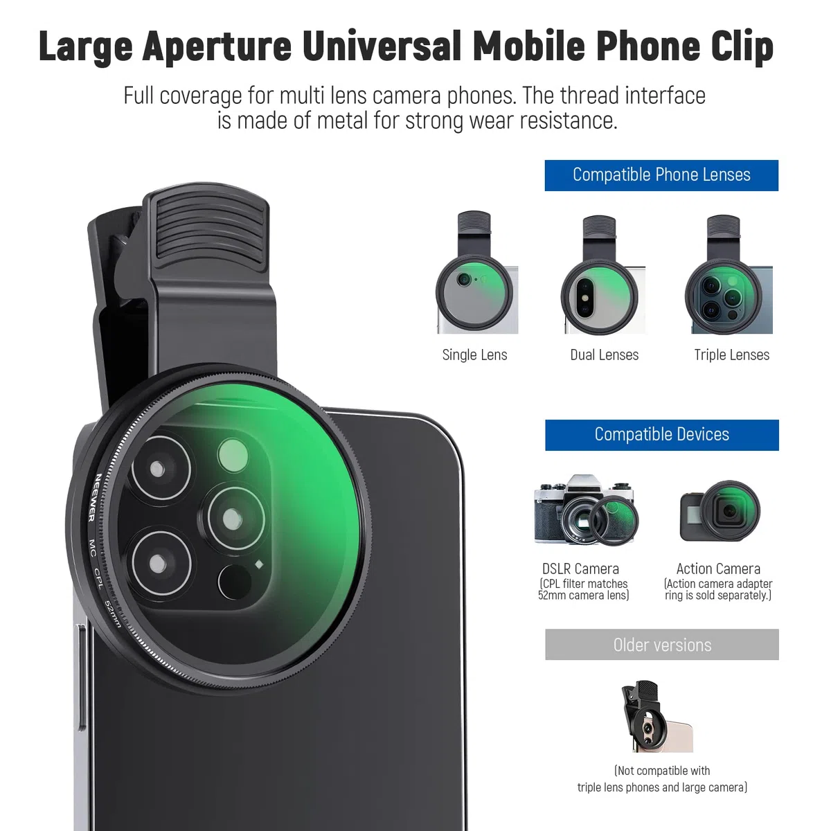 NEEWER Filtr CPL 52 mm do telefonu, klips na okrągły filtr polaryzacyjny z klipsem do telefonu, etui do przechowywania i ściereczka do czyszczenia, kompatybilny z iPhone Samsung Galaxy Android DSLR