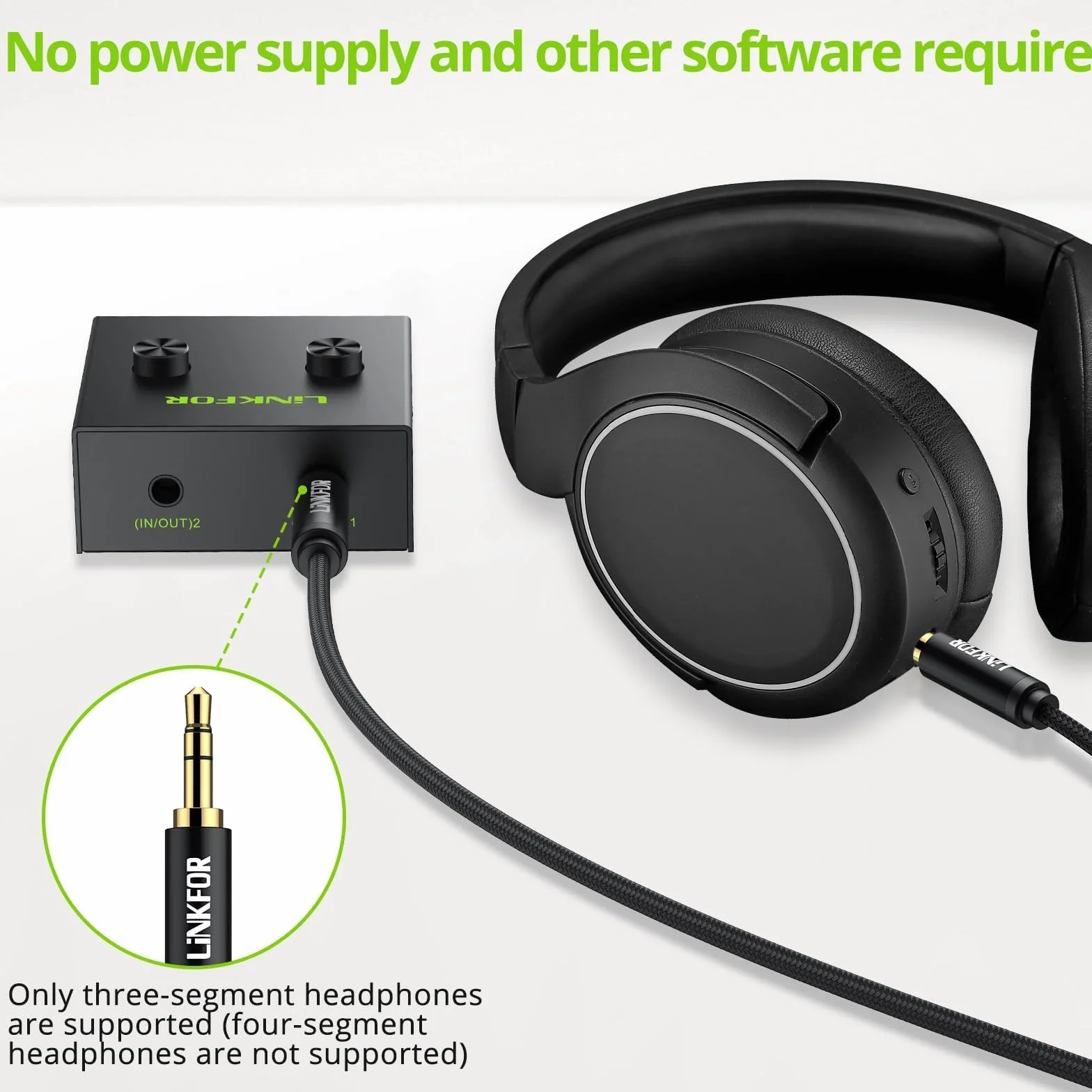 LiNKFOR Dwukierunkowy Przełącznik audio stereo 3,5 mm, przełącznik audio 2(1)-wejścia-1(2)-wyjścia, kabel 3,5 mm do komputera, telewizora, głośników