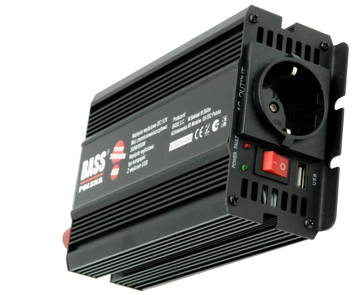 BASS POLSKA Przetwornica Napięcia do Elektronarzędzi Pieców CO Maszyn do Szycia Wentylatorów Komputerów Zamrażarek 12V 230 V 50 Hz z Pełnym Sinusem Moc Szczytowa 600W
