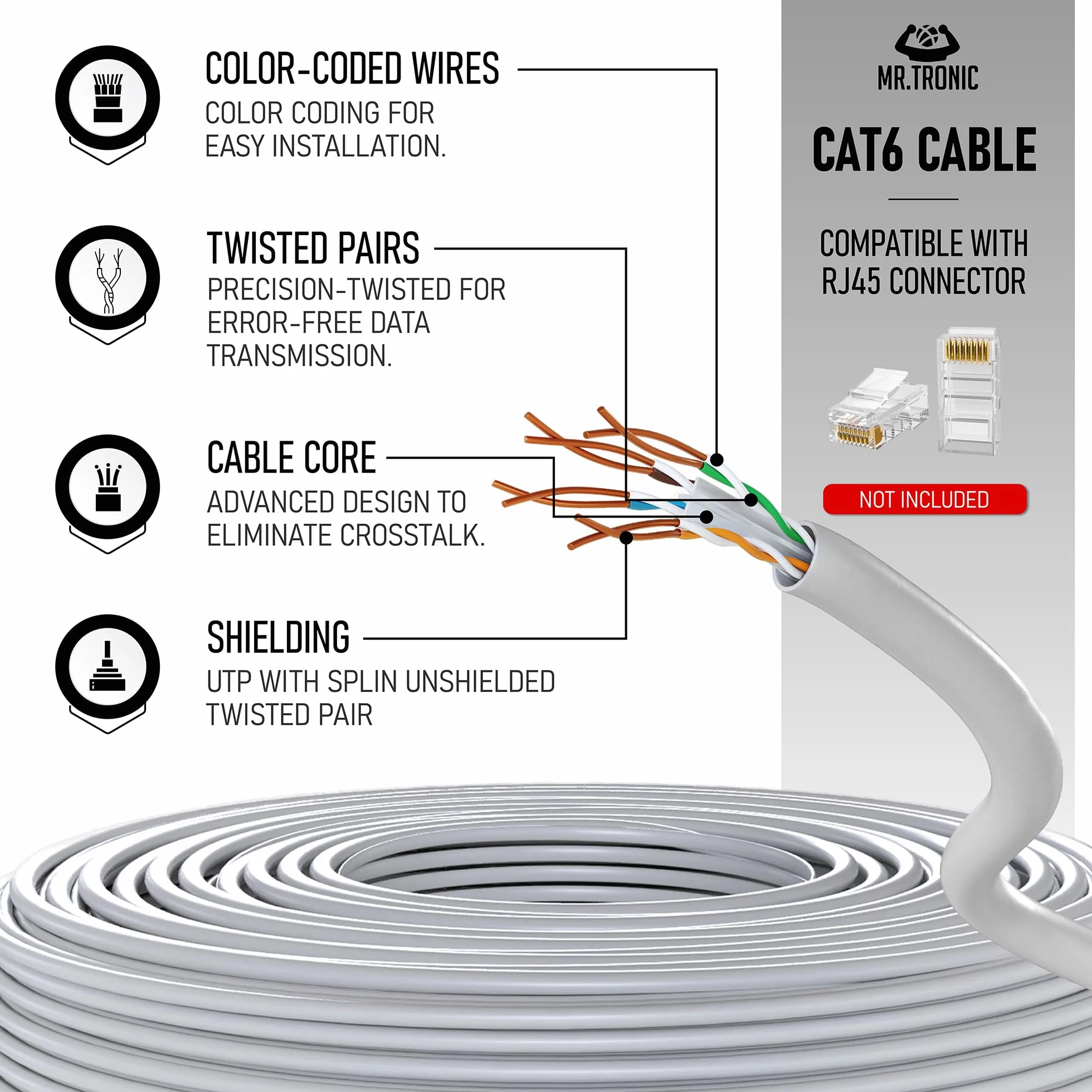 Pan. Tronic Vrac Ethernet Kabel 100m, Bulk Sieć LAN Kabel Ethernet Cat 6 High Speed Internet 1 Gbps 250 MHz, Kabel Ethernet AWG24, Cat6 Kabel luzem UTP CCA (100 metrów, szary)