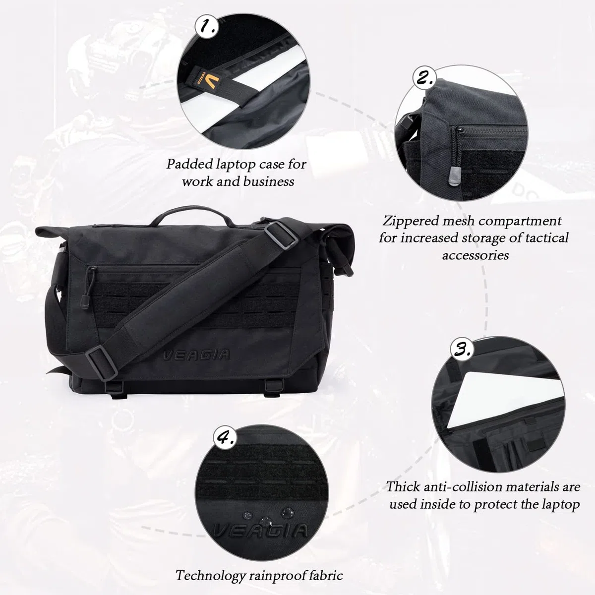 VEAGIA Torby kurierskie Torba na laptopa Teczka system Molle Styl taktyczny Odpinany pasek na ramię Torby na ramię (43x30x13cm), Czarny, 16.5x11x4.5in
