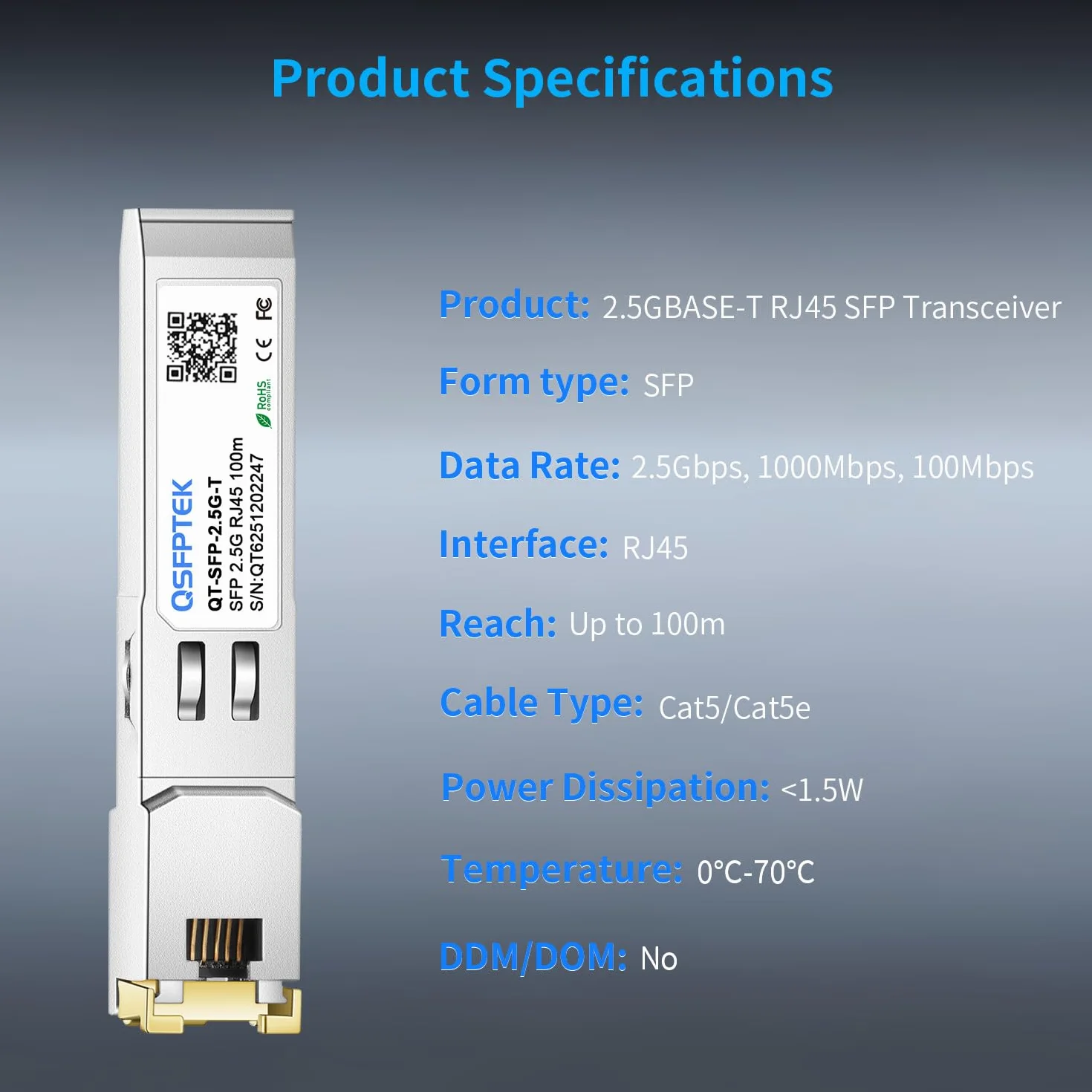 QSFPTEK 2.5GBASE-T SFP do RJ45 Transceiver, 2,5G moduł Mini-GBIC kompatybilny z Cisco SFP-2.5G-T, Ubiquiti, MikroTik, TP-Link 2.5Gb Switch/Router, do 100m (Obsługa tylko portu 2.5G)