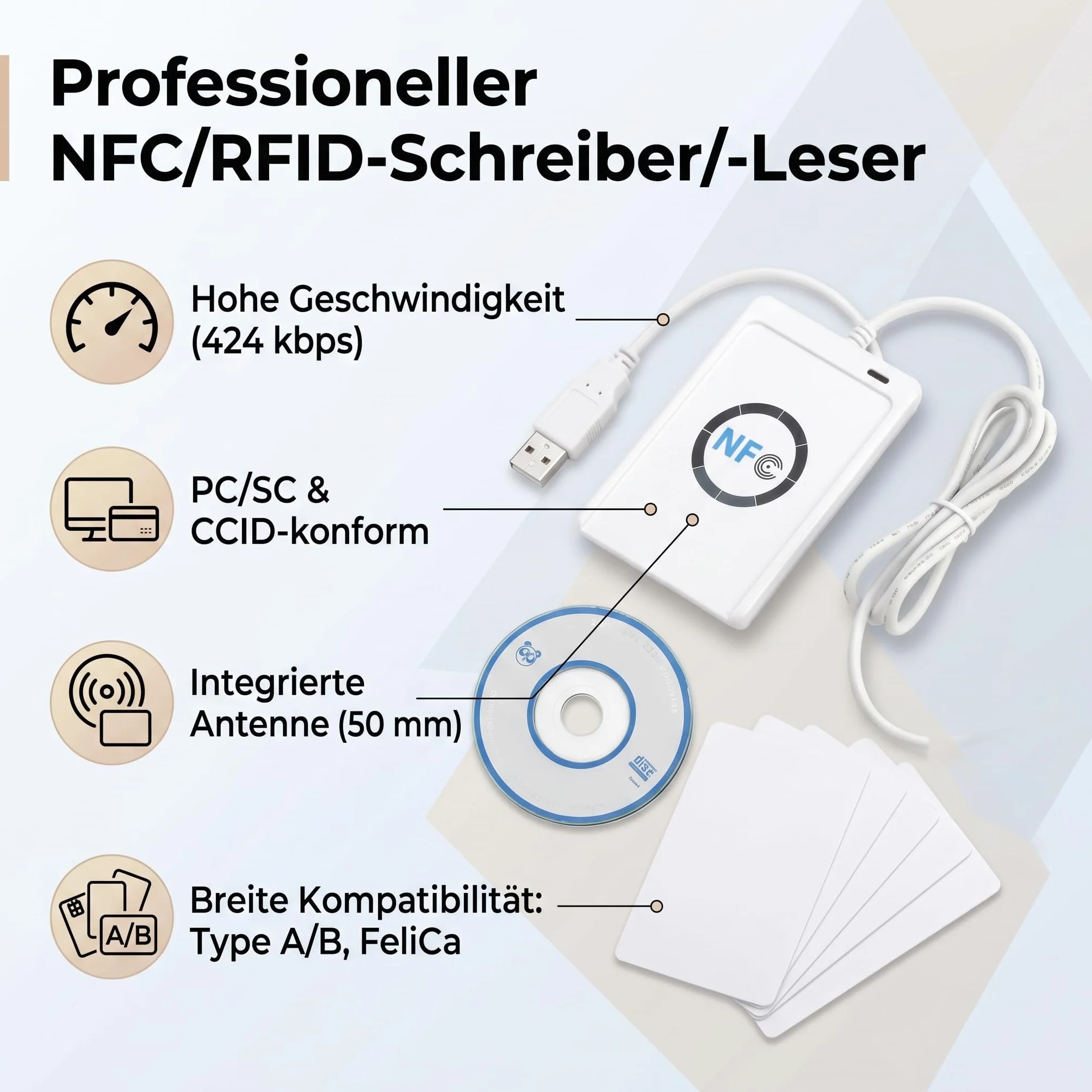 Czytnik/zapisujący RFID NFC, ACR122U ISO 14443A / B + Darmowe Oprogramowanie w Kolorze Białym Czytnik Zbliżeniowy Czytnik/zapisujący Czytnik Kart IC Zapisujący Czytnik Kart IC Zawiera Czytnik Kart IC