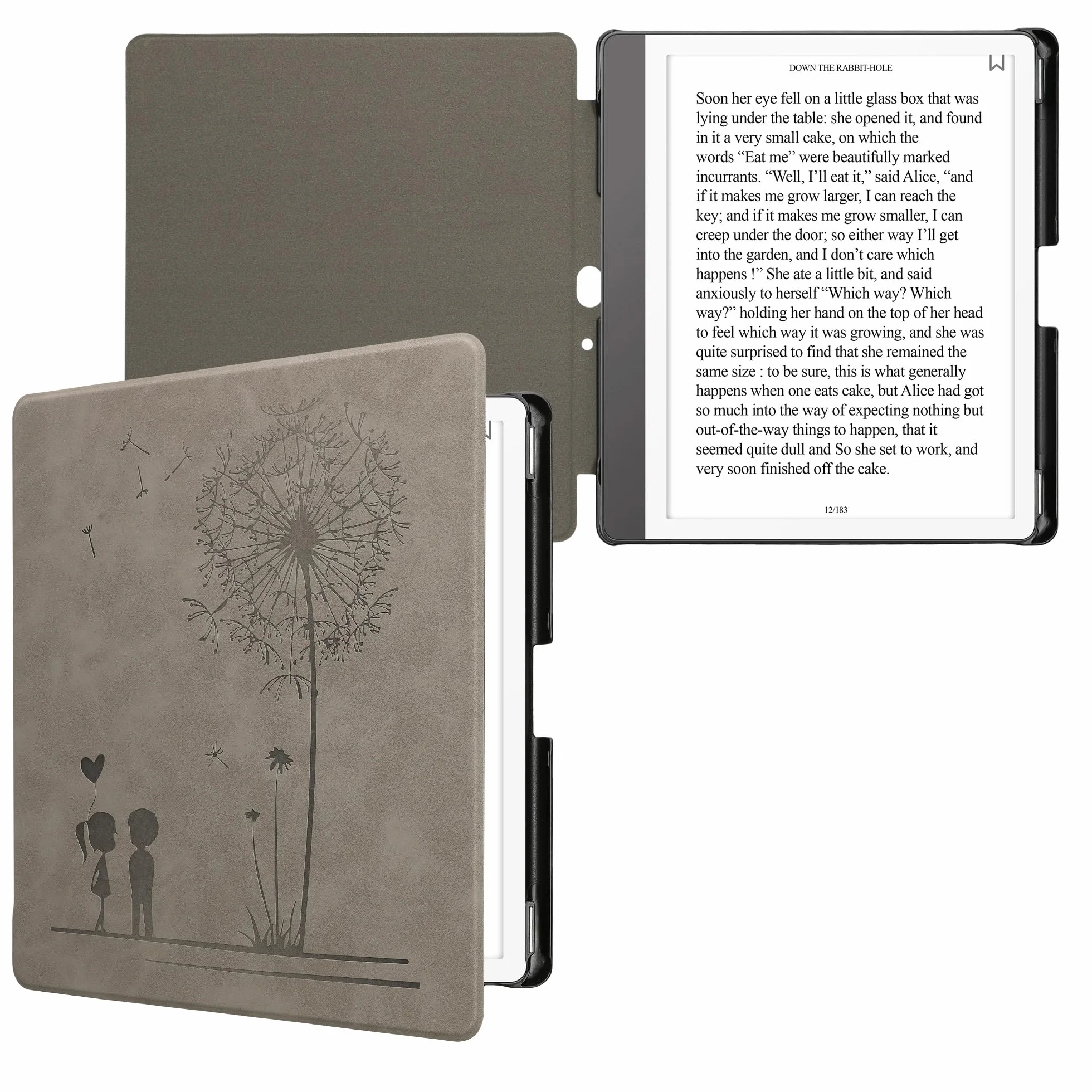 kwmobile Etui ochronne kompatybilne z Amazon Kindle Scribe (2024) – etui na e-czytnik z ekoskóry z funkcją automatycznego uśpienia – wzór dmuchawiec Love w kolorze szarym