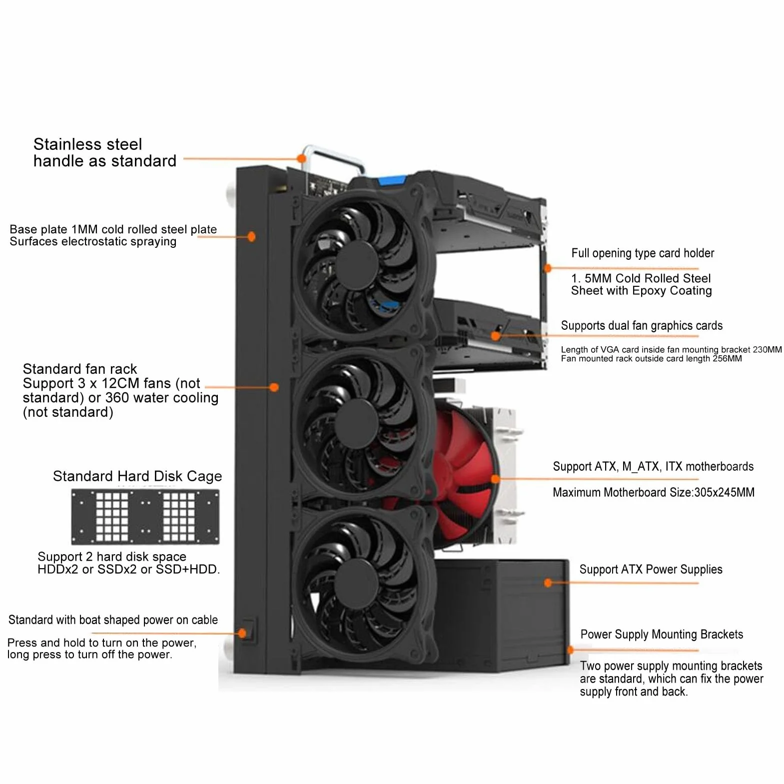 ATX M ATX ITX Obudowa Komputera do Gier Otwarta Rama z Uchwytem Stalowa Płyta Obudowa Płyty Głównej Stojak Wydajne Chłodzenie dla Producentów Komputerów PC