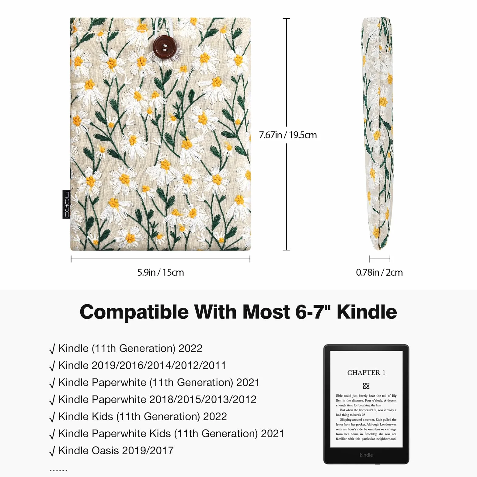 MoKo 6-7 Inch Embroidered Daisy Padded Sleeve Pouch for Kindle Colorsoft, Kindle Paperwhite 12th Gen 2024, Kindle 2022-2016, Kindle Pouch for Oasis/Voyage/Kobo eReader, Beige