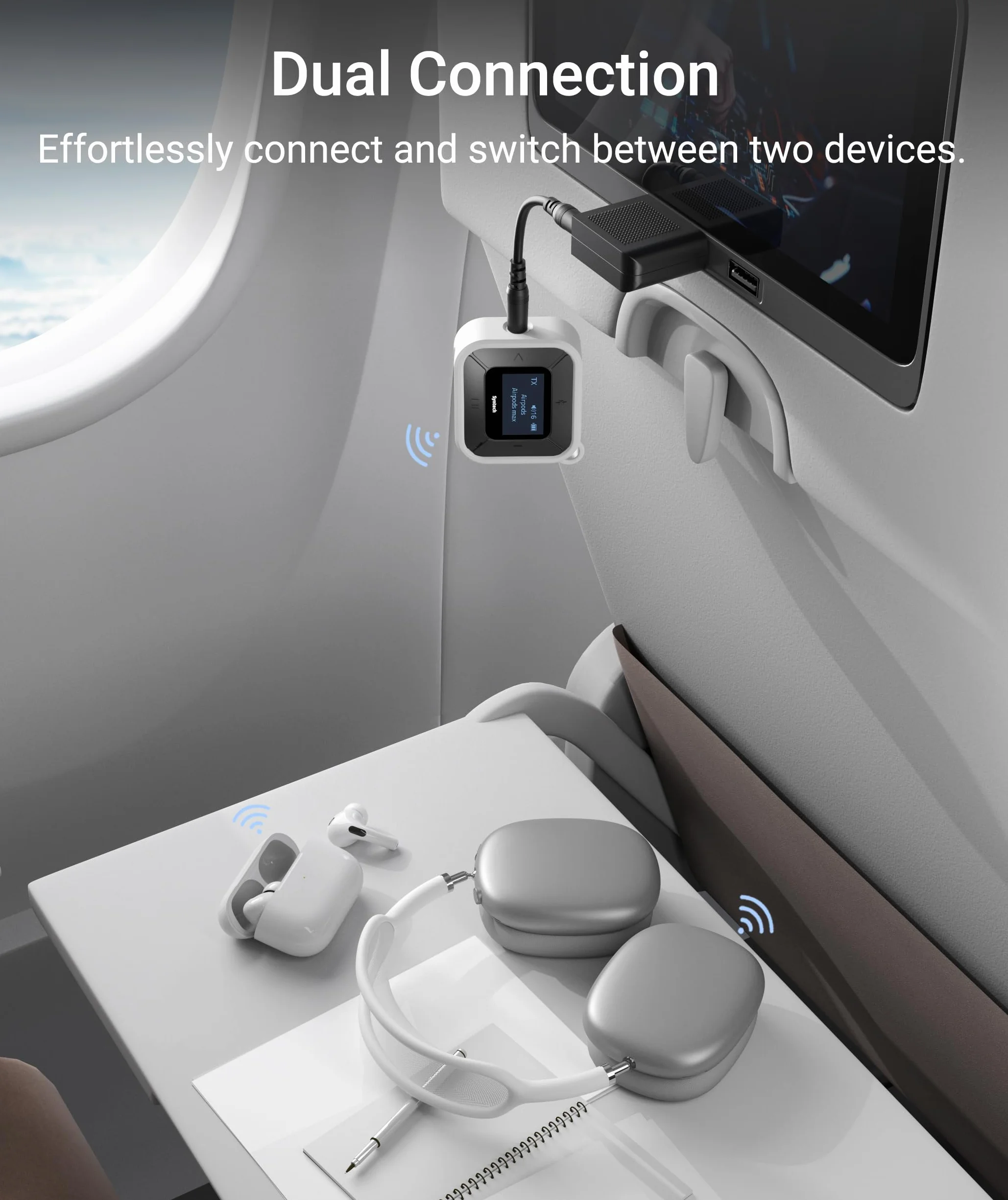Syntech Samolotowy nadajnik-odbiornik Bluetooth z podwójnym adapterem AUX 3,5 mm, wyświetlaczem LED Adapter Dual Link Bluetooth 5.3 do AirPods bezprzewodowych słuchawek samochodowych