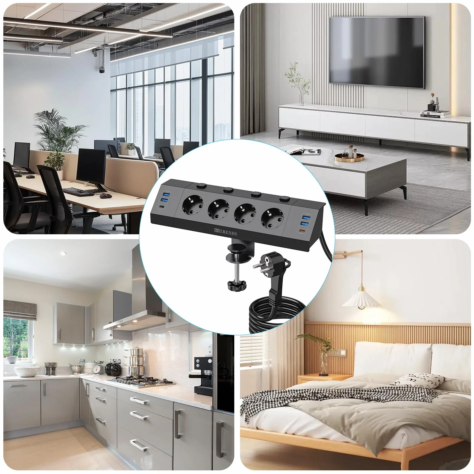 Gniazdko biurkowe z USB C PD 20W, listwa zasilająca z 4 pojedynczymi przełącznikami, 4-krotne gniazdko narożne z 6 USB, płaska wtyczka wielogniazdko montaż ścienny z kablem 2M, czarne
