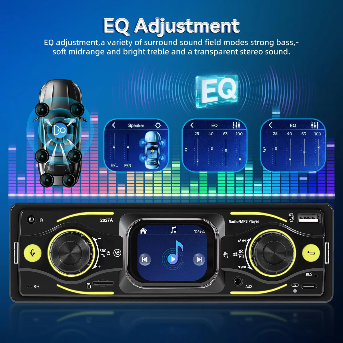 NHOPEEW Radio samochodowe 1 DIN z Bluetooth i ekranem dotykowym: odtwarzacz MP3 z FM, korektor, zestaw głośnomówiący, wejście USB/SD/AUX, ładowanie typu C, złącze ISO i kolorowe światła LED