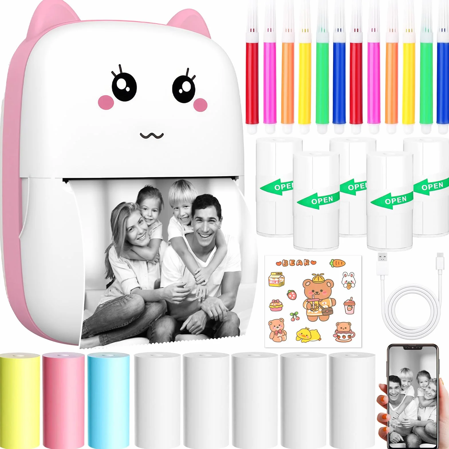 Mini Drukarka - Bluetooth Termiczna Drukarka do Smartfona, Zdjęć, Naklejek i Etykiet, Bez Tuszu, Szybki Druk Notatek, Stron Internetowych, Zdjęć i Stickerów （Różowy）
