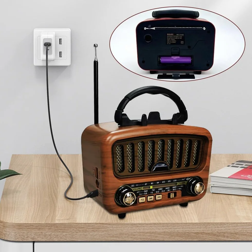 Radio AM/FM/SW retro z Bluetooth 5.0, nostalgiczne radio małe, z akumulatorem 1800 mAh, radio kuchenne i radio walizkowe z głośnikiem 5 W, obsługuje USB/TF/AUX, radio vintage do domu, biura, na