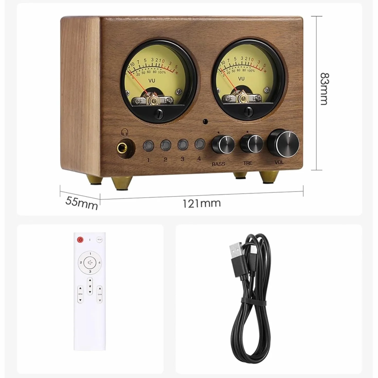 Selektor audio, przedwzmacniacz Vumetr, 4 w 1, kontrola ostrości/medium/basów, wyjście słuchawkowe 3,5 mm, do kina domowego i samochodu