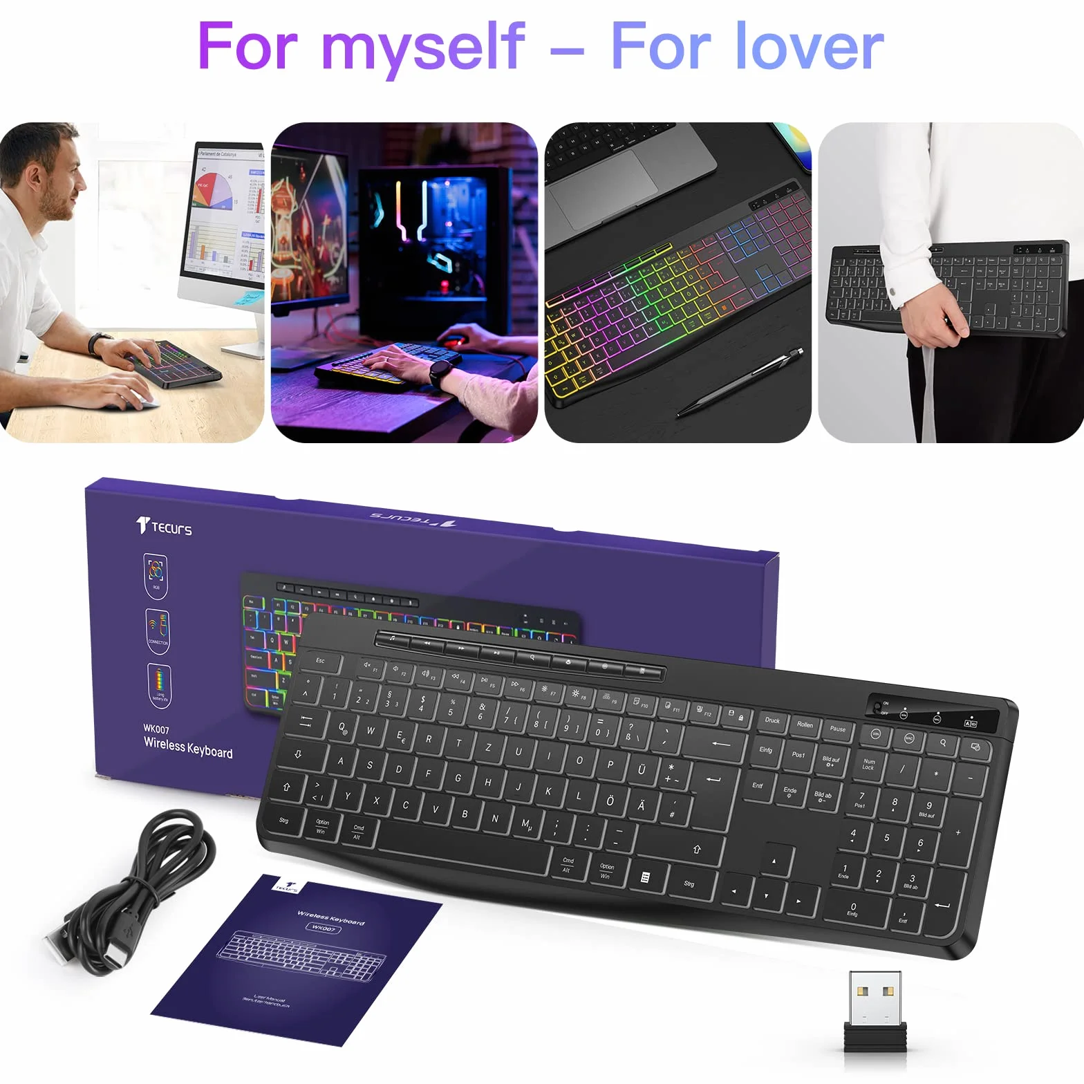 TECURS Klawiatura bezprzewodowa do gier – cicha klawiatura QWERTZ, podświetlana, ergonomiczna, wodoszczelna, 2,4 GHz LED Keyboard do Windows/Mac/PS4/Xbox z przyciskami multimedialnymi, czarna