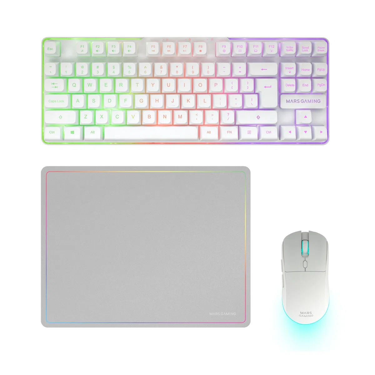 Mars Gaming MCPWTKL, Bezprzewodowy Zestaw Gaming, Technologia DualPro Link 2.4GPRO, Klawiatura TKL FRGB Rainbow + Mysz RGB 3200DPI z Przełącznikami HUANO + Podkładka 360x260mm, Biały, Angielski US