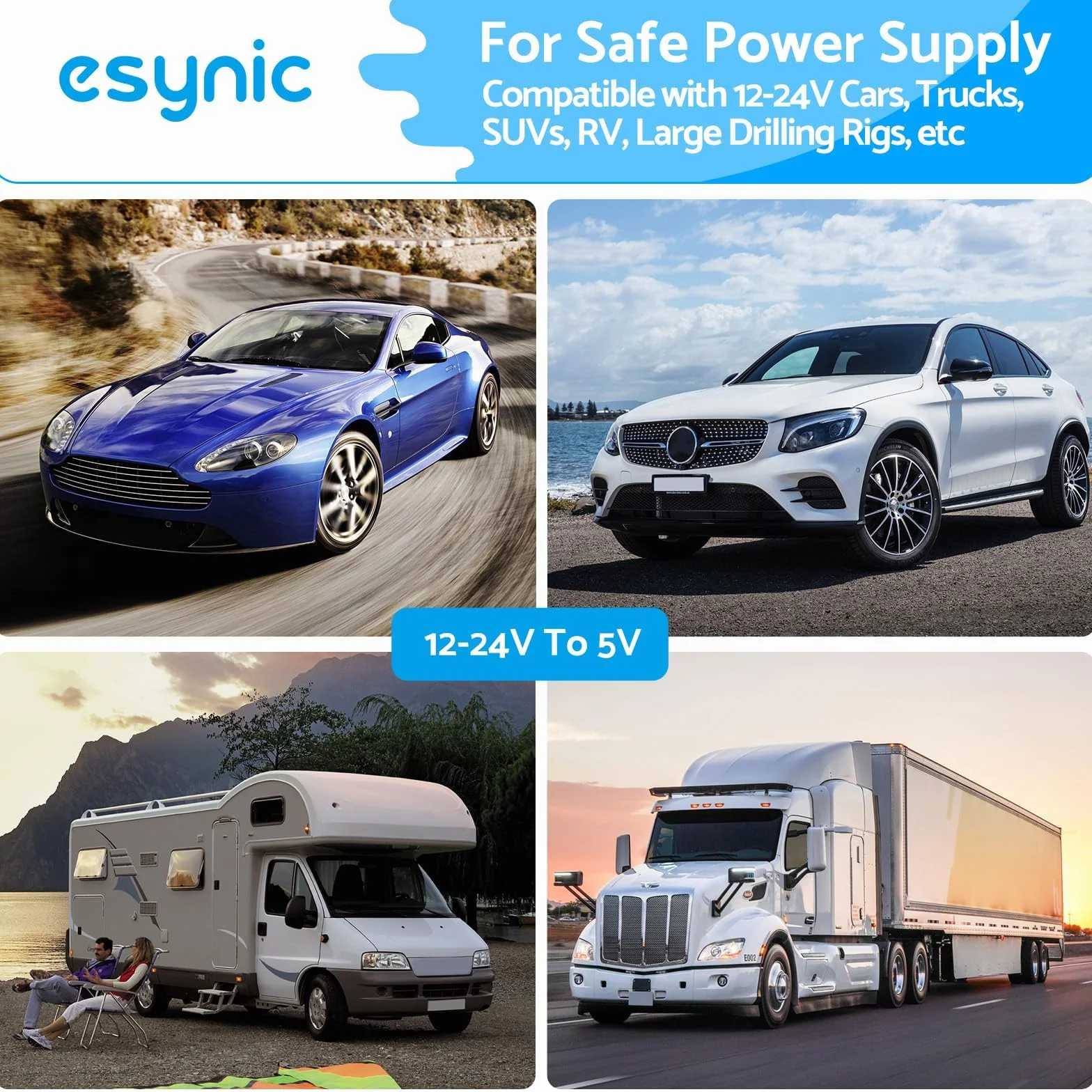 eSynic Dash Cam Hardwire Kit USB 11,5 ft kabel 12 V-24 V do 5 V Hard Wire Kit do kamery Dash z adapterem mini i Micro USB i 4 typami bezpieczników Mini/LP, ACS, ATO, Micro2