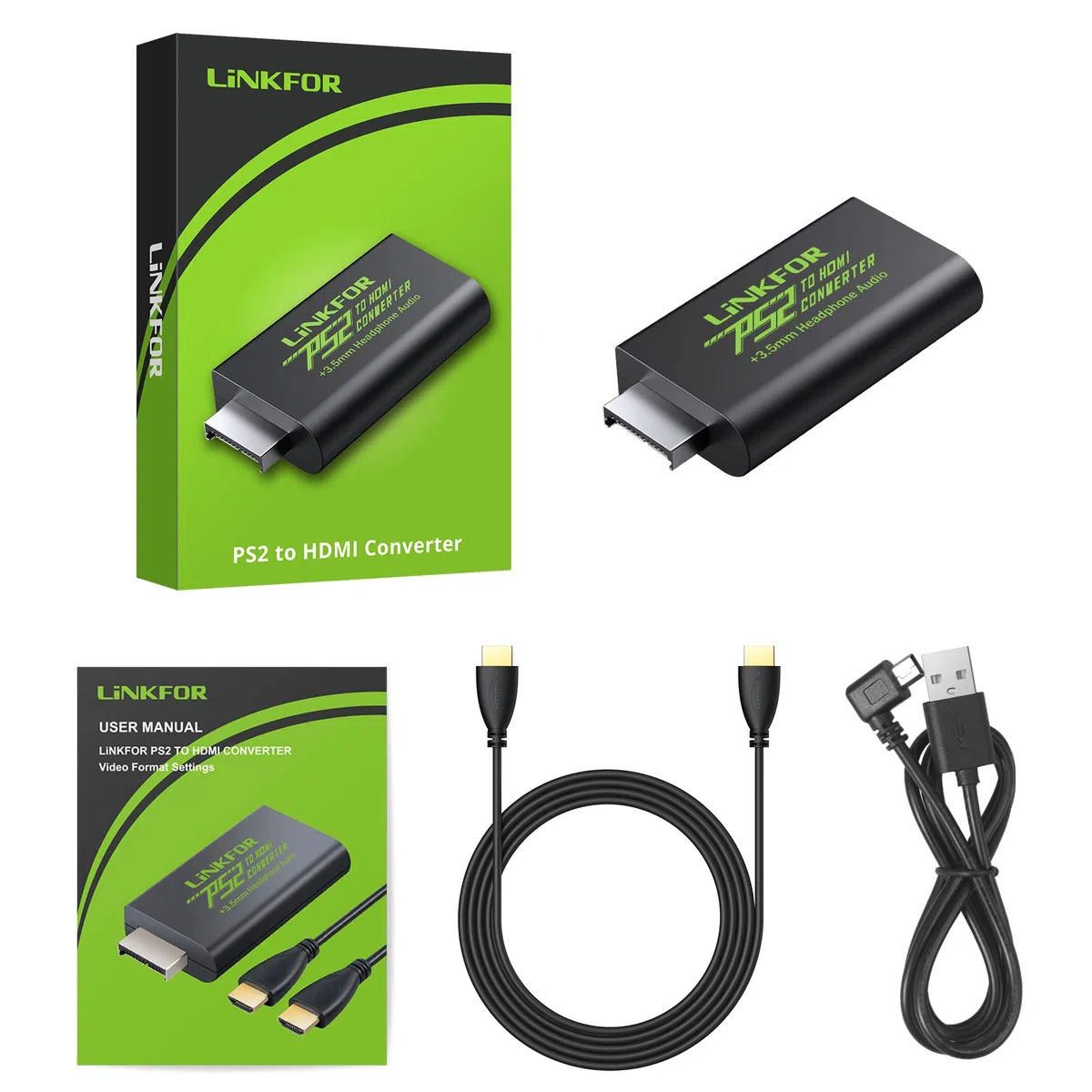LiNKFOR Konwerter PS2 na HDMI wideo i adapter audio do słuchawek 3,5 mm z kabelem HDMI 1 m kompatybilny z monitorami HDTV