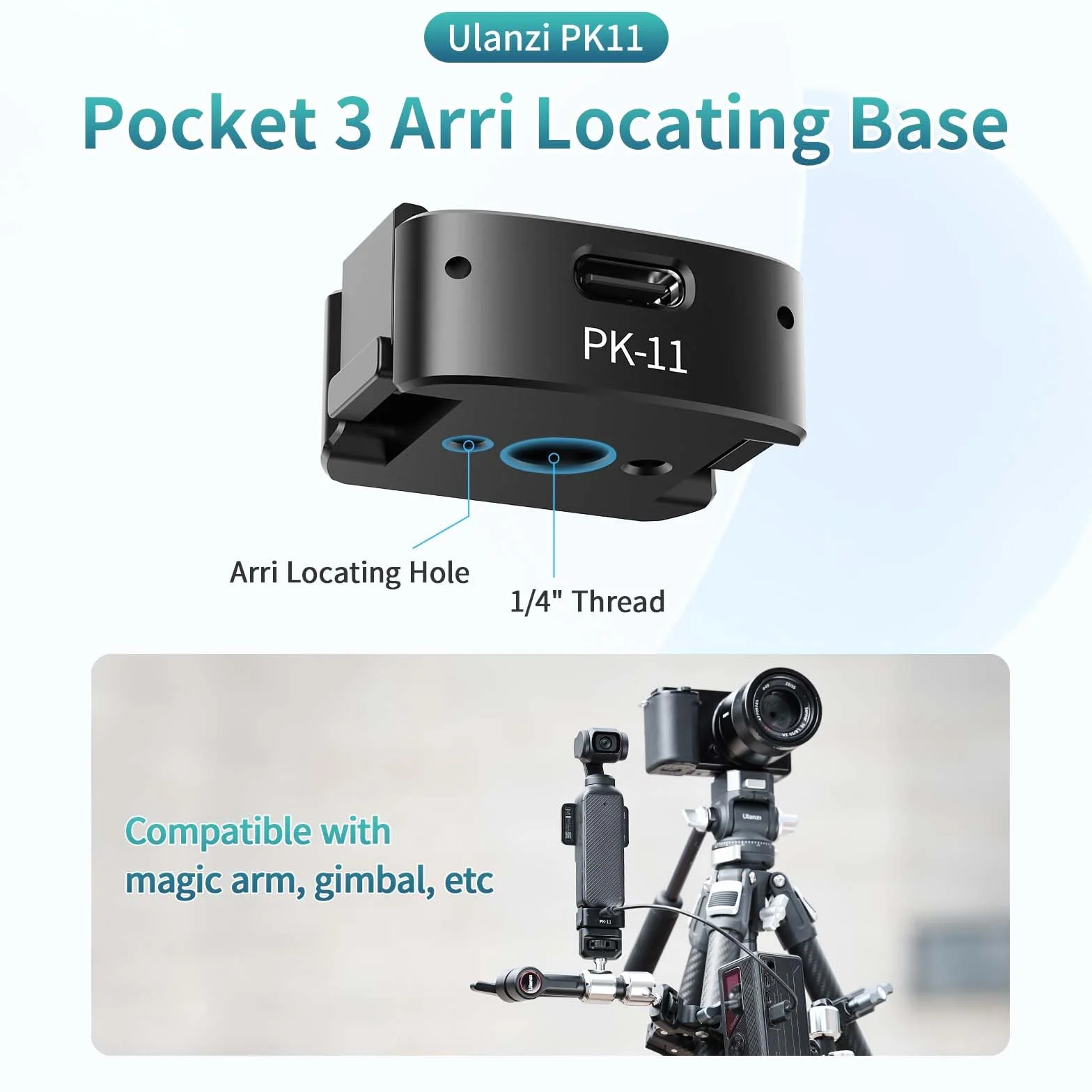 ULANZI Zestaw mini statywu z szybkim uwalnianiem do DJI Osmo Pocket 3, w pełni funkcjonalny port typu C, podstawa adaptera ładującego do Pocket 3 akcesoria z otworem na śrubę 1/4 do statywów (PK-08 i