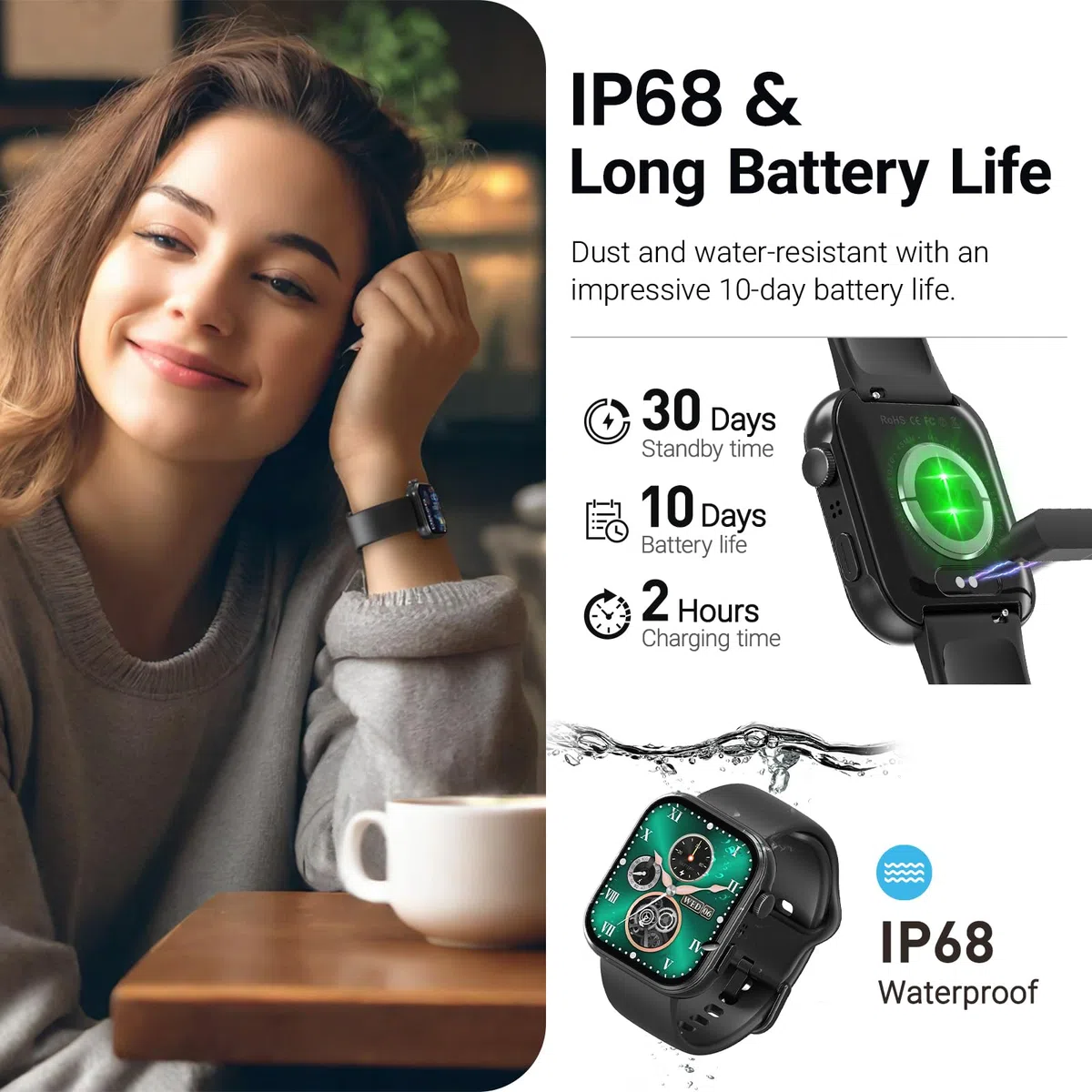 TOZO S6 Smartwatch 1.85” AMOLED Ultra-Clear Screen Dynamiczne tarcze zegarka Połączenia Bluetooth, ponad 100 trybów sportowych Zegarek fitness z monitorem tętna/snu/tlenu we krwi Wodoodporność IP68