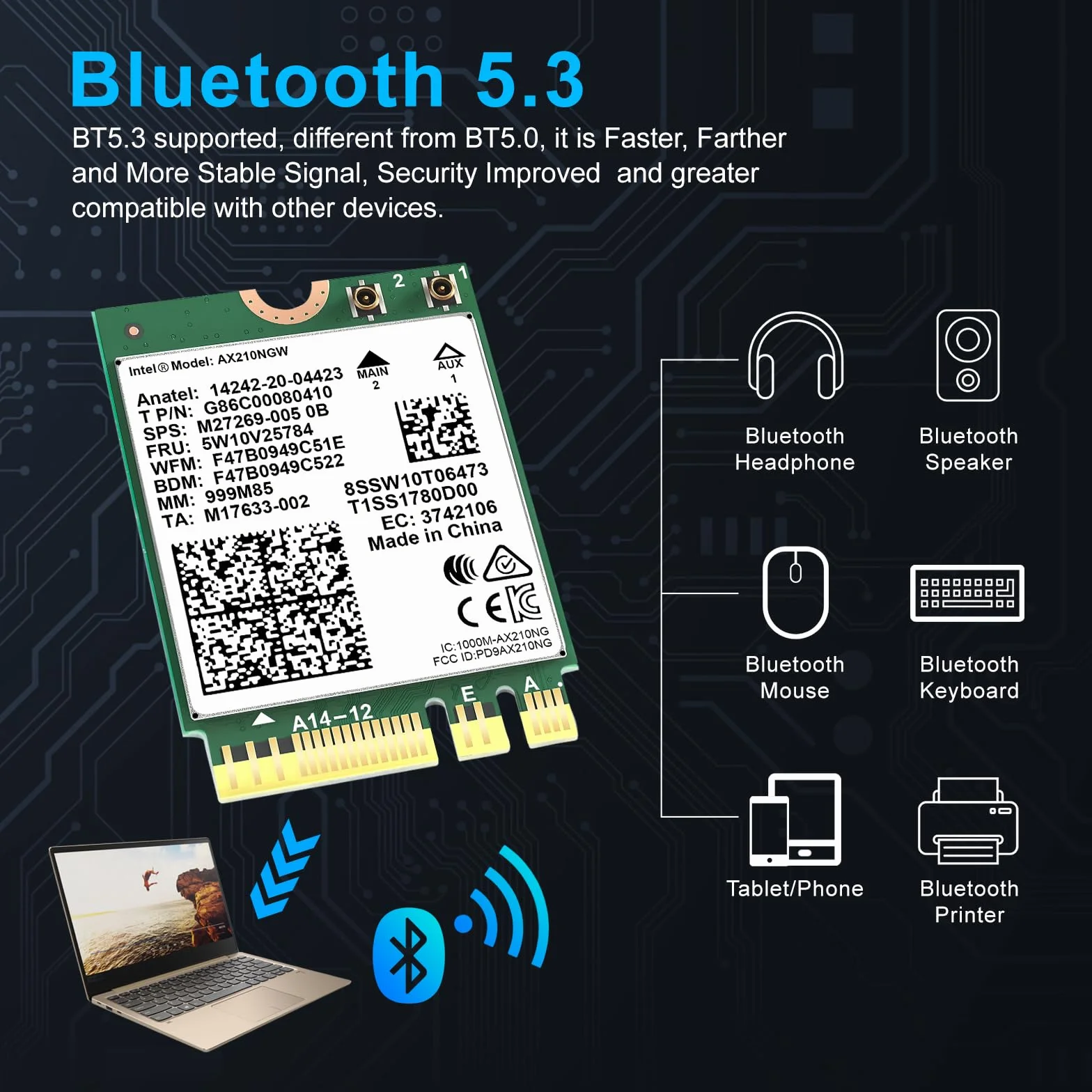 Podazz AX210NGW karta WiFi, bezprzewodowa karta Wi-Fi 6E rozszerzenie do 6GHz MU-MIMO Tri-Band Bluetooth 5.2 do laptopa, obsługuje Bluetooth 5.2 | MU-MIMO | Windows 10/11 (64-bitowy) Linux, M.2/NGFF