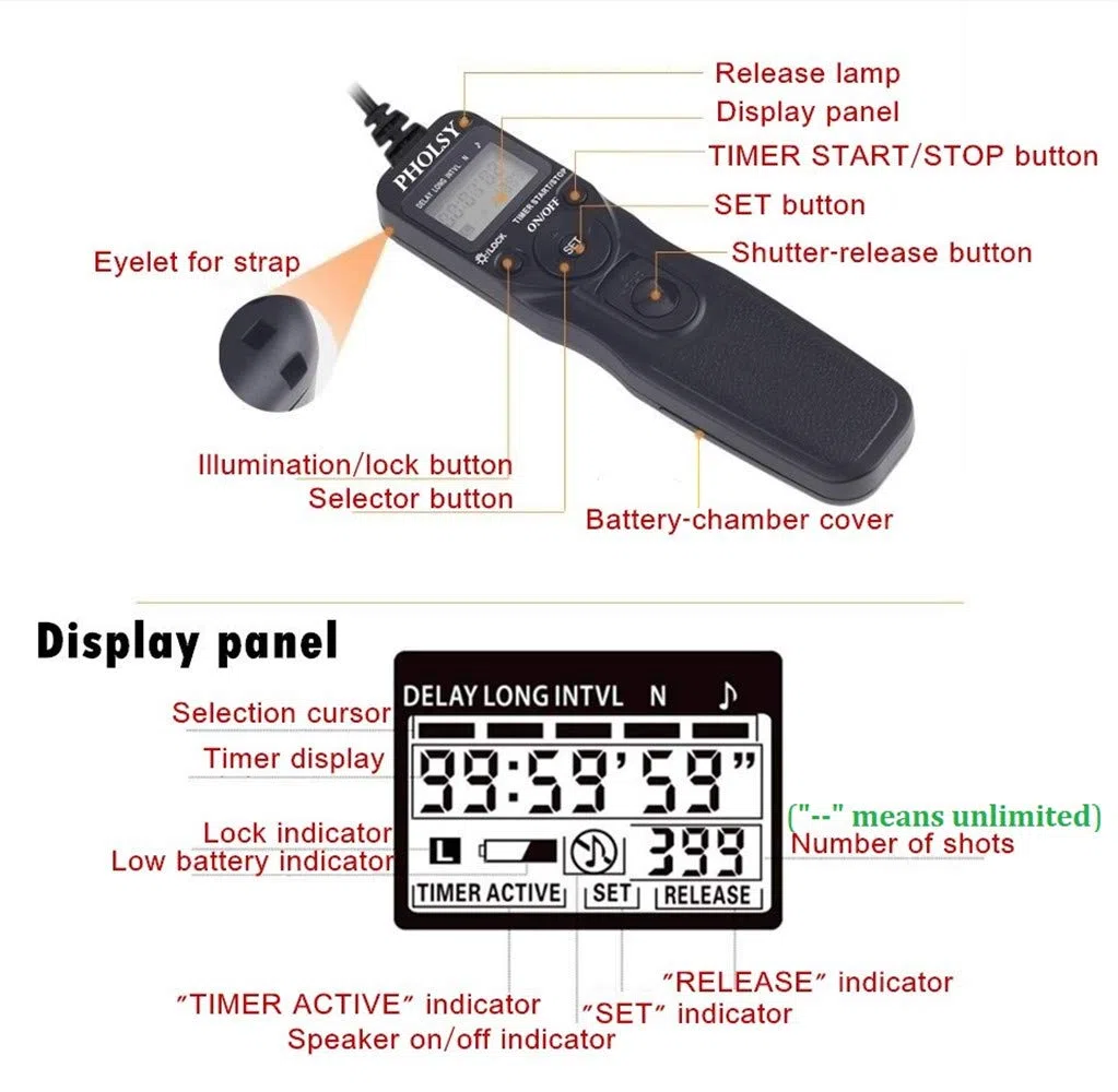 PHOLSY Zdalny wyzwalacz aparatu N10 kabel wyzwalający czasomierz z interwalometrem do Nikon Z5, Z7, Z7II, Z6, Z6II, D750, D780, D7500, D7200, D7000, D5600, D5500, D5300, D3300, D610, D610, D600, D90,