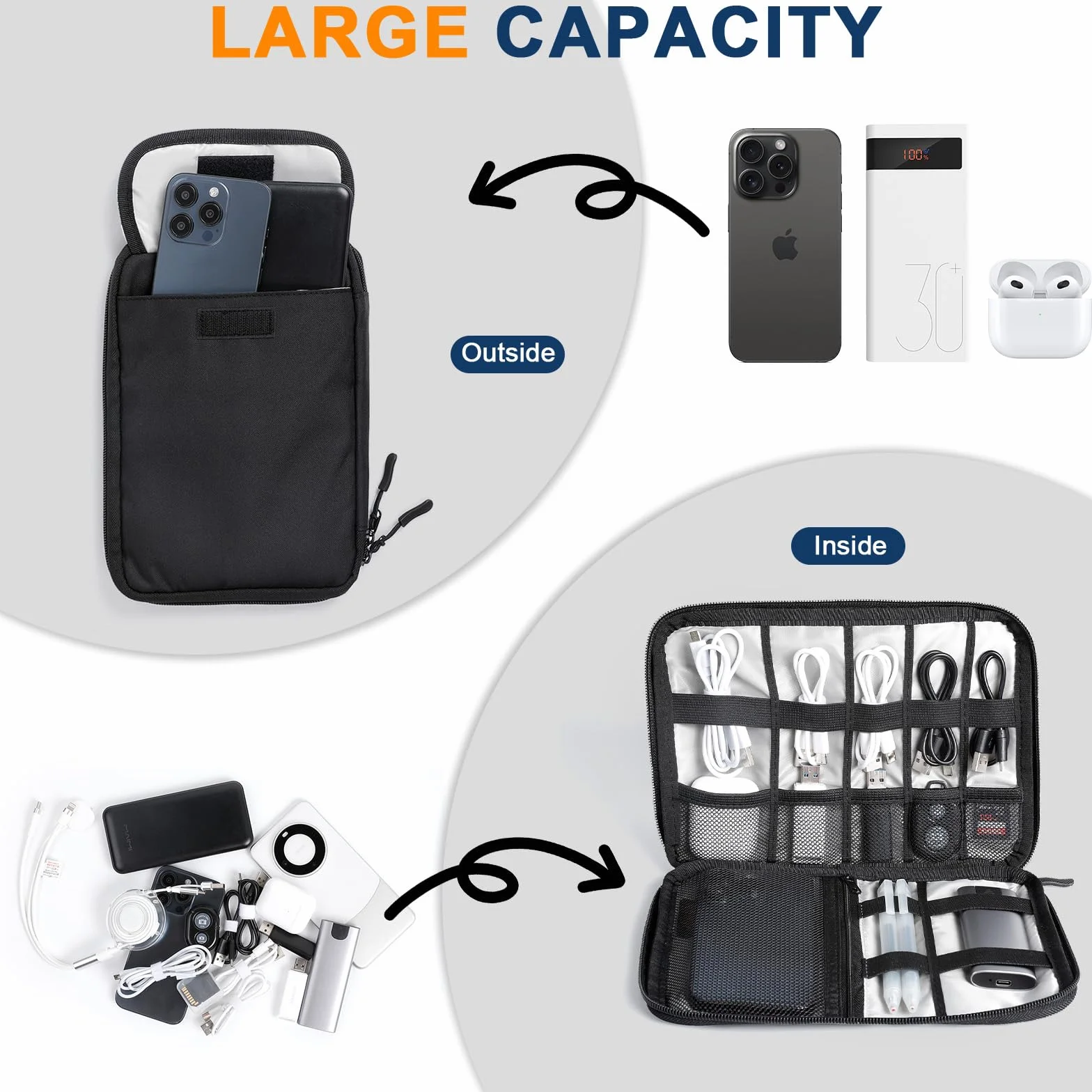 Cozary Torba do przechowywania kabli, torba na kable podróżne, przenośny organizer akcesoriów elektronicznych na dyski twarde, kable, ładowarkę, kable USB, kartę SD, czarny, Przenośna i oszczędzająca