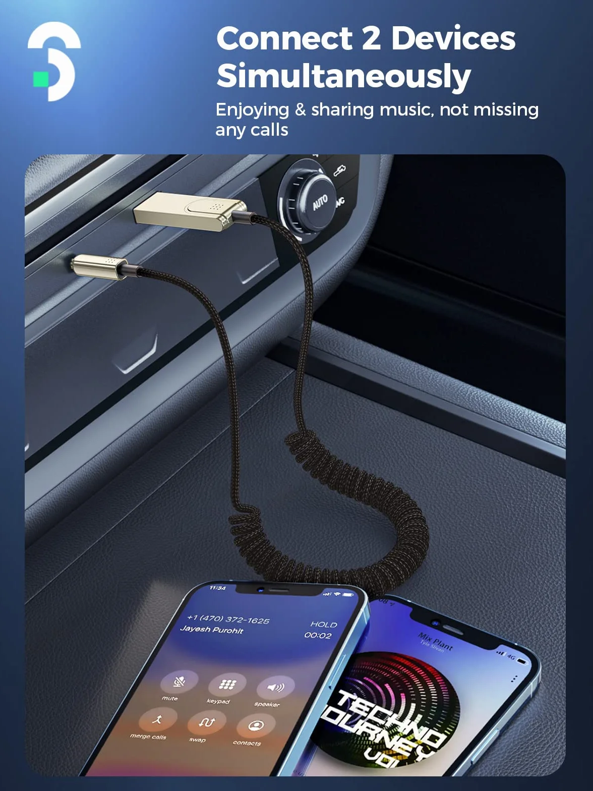 Samochodowy adapter Bluetooth Aux, odbiornik 5.1 Bluetooth z mikrofonem do muzyki i zestawu głośnomówiącego, kompatybilny z domowym zestawem stereo, słuchawkami, głośnikami itp.