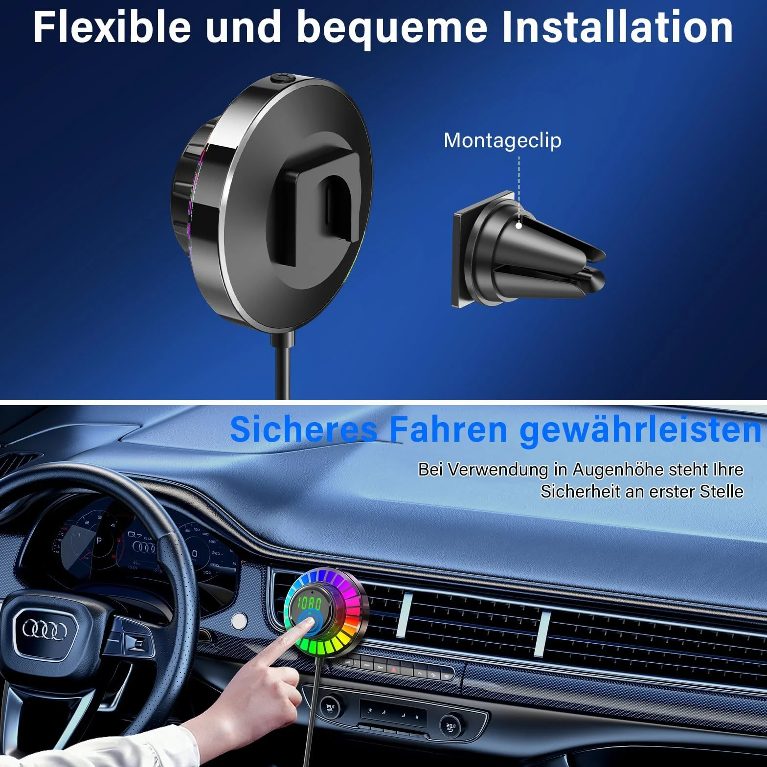 Adapter Bluetooth samochodowy FM z RGB, zestaw głośnomówiący Bluetooth 5.3, PD30W USB-C QC3.0, ładowarka samochodowa do iPhone Android