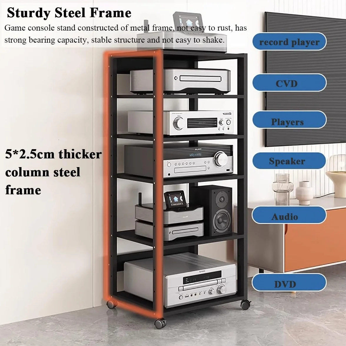 Szafka na sprzęt audio, 5-poziomowa szafka stojąca na komponenty stereo, stojak audio-wideo, jednostka multimedialna, półka gramofon, półki do przechowywania płyt, wysokie centrum rozrywki(Red)