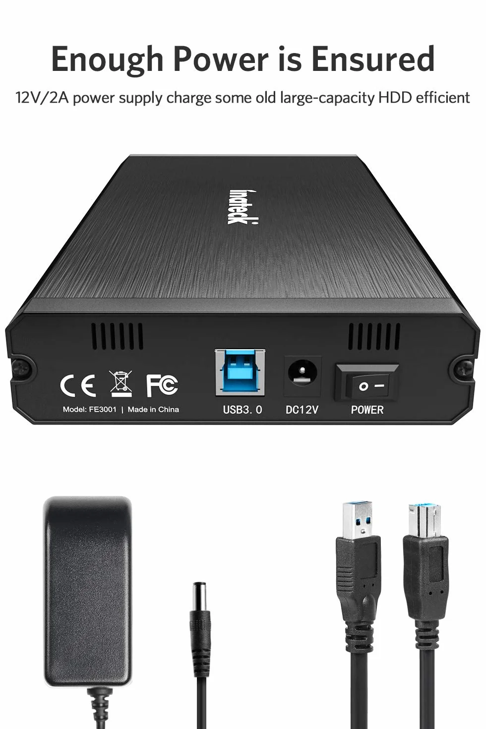 Inateck Obudowa dysku twardego 3,5", obudowa dysku twardego 2,5/3,5" SATA I/II/III, USB 3.0 z UASP, 12 V, 3 A, czarny, FE3001