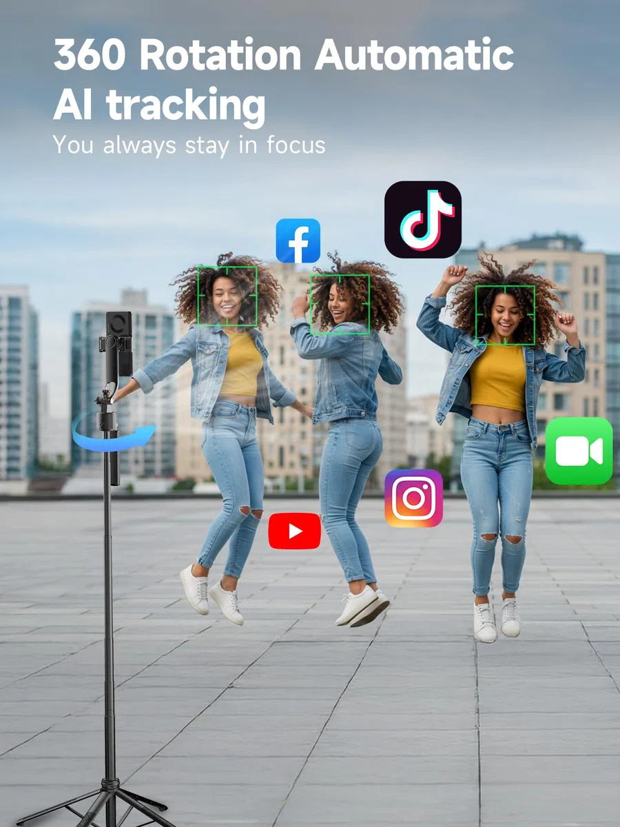 Rollei Easy Creator Quadpod z AI Tracking 360, automatyczne śledzenie twarzy, kijek do selfie z pilotem zdalnego sterowania do filmowania, do Tiktok Live Streaming Vlog, statyw do telefonu komórkowego
