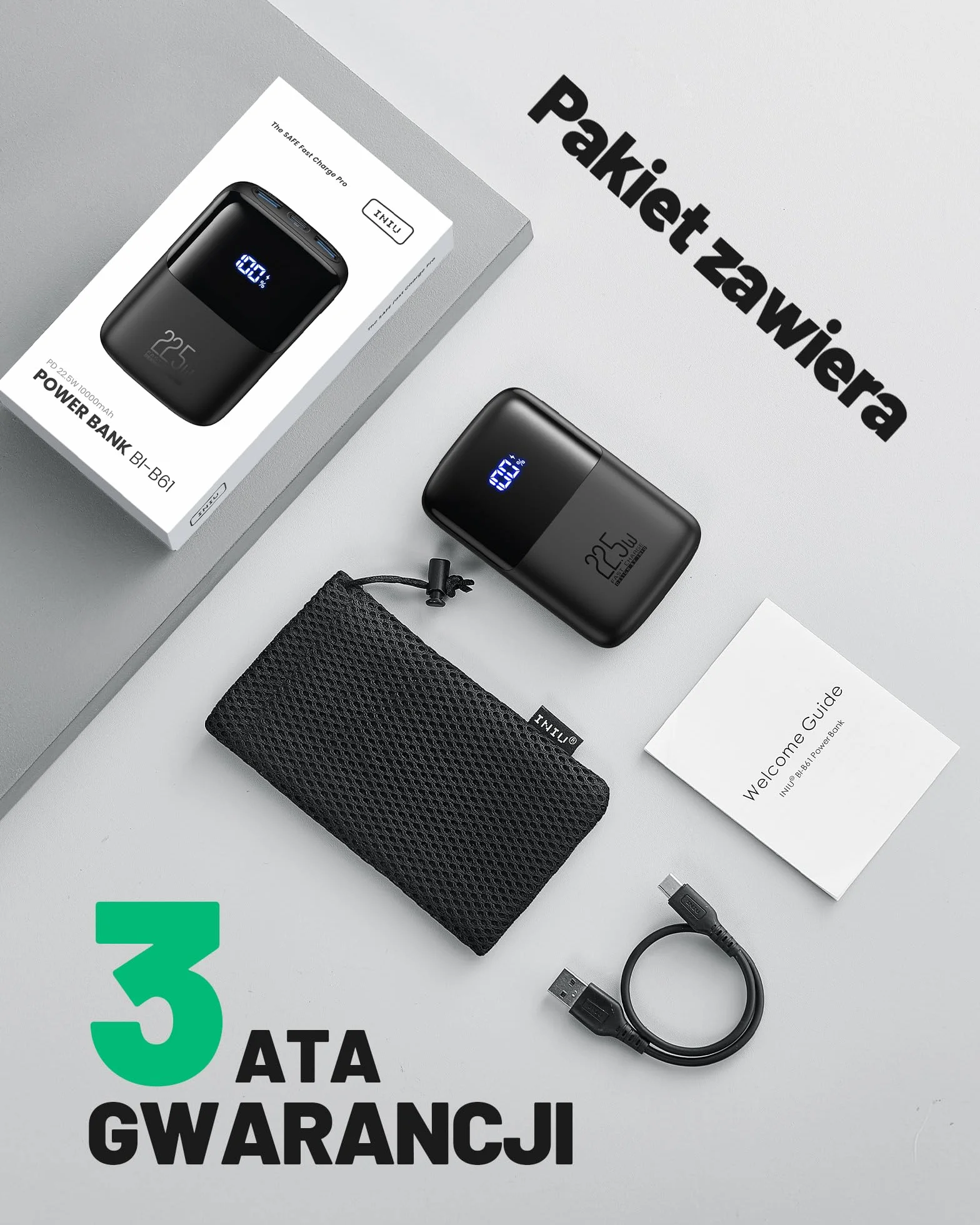 INIU Mini Power Bank 10000mAh 22.5W PD3.0 QC4.0 Szybkie Ładowanie USB-C Power Bank do iPhone Samsung Huawei