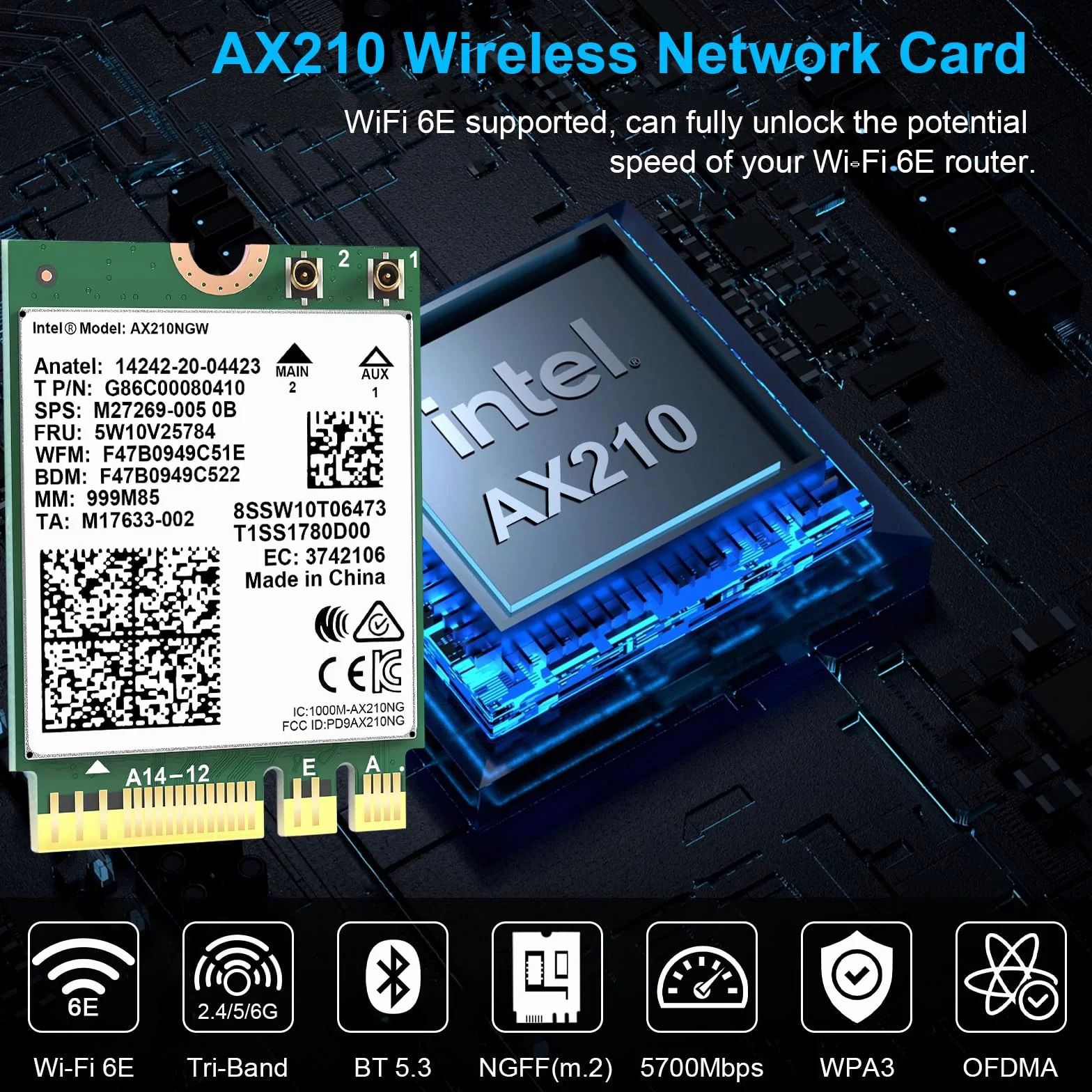 Podazz AX210NGW karta WiFi, bezprzewodowa karta Wi-Fi 6E rozszerzenie do 6GHz MU-MIMO Tri-Band Bluetooth 5.2 do laptopa, obsługuje Bluetooth 5.2 | MU-MIMO | Windows 10/11 (64-bitowy) Linux, M.2/NGFF
